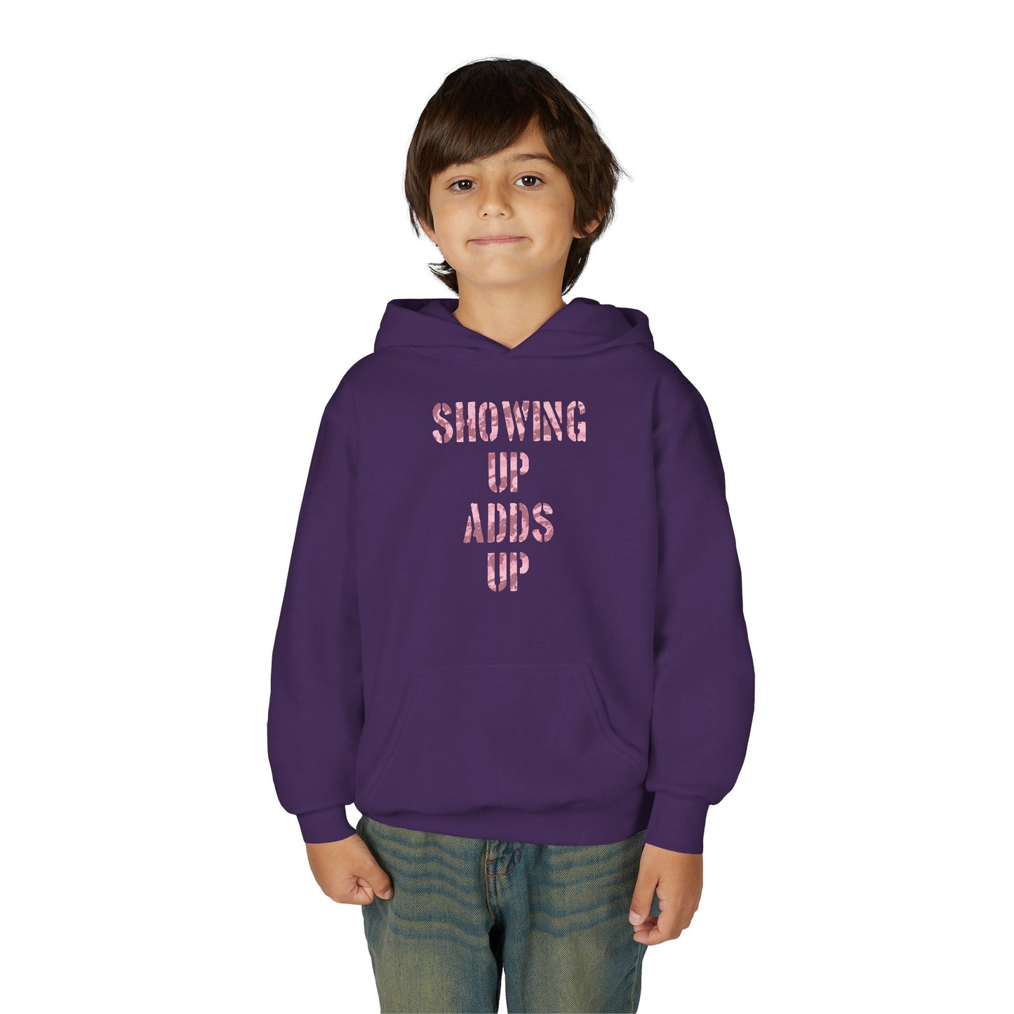 SHOWING UP ADDS UP Youth Hoodie (Pink Camo Logo)