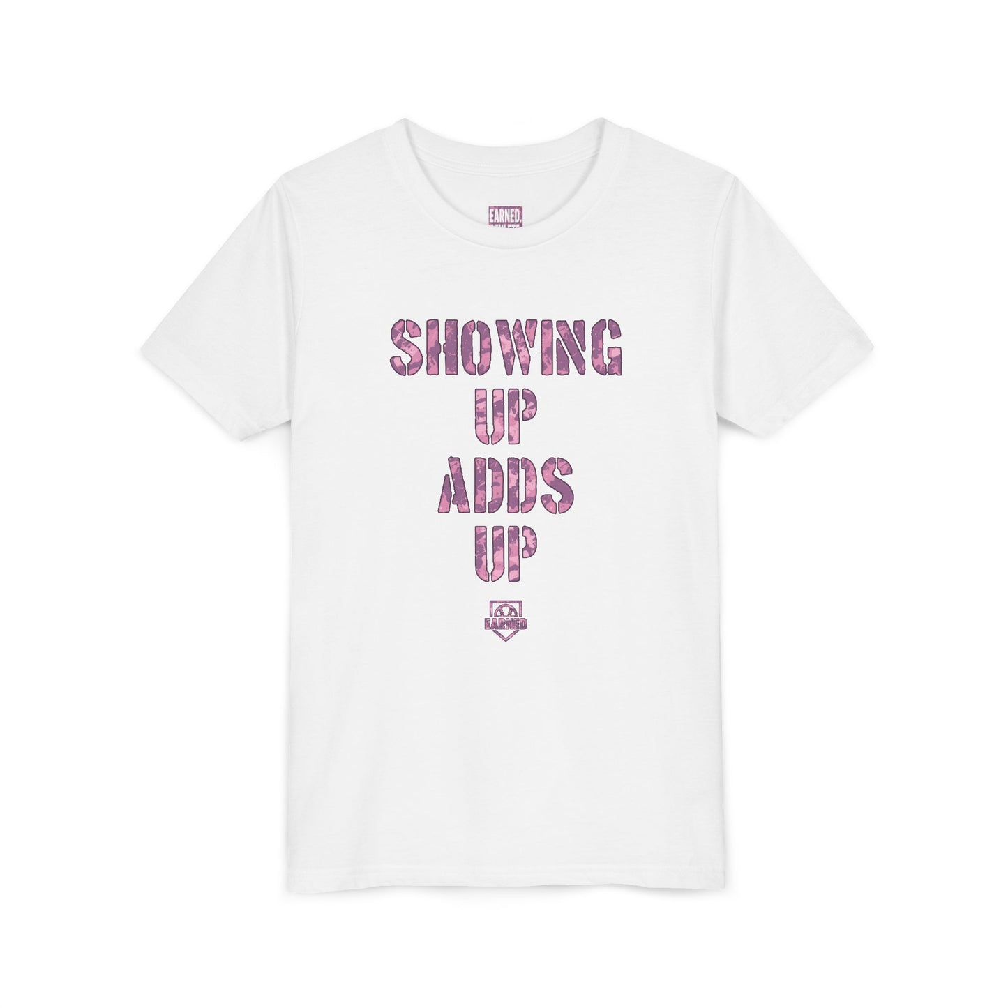 SHOWING UP ADDS UP Youth Tee (Pink Camo Font)