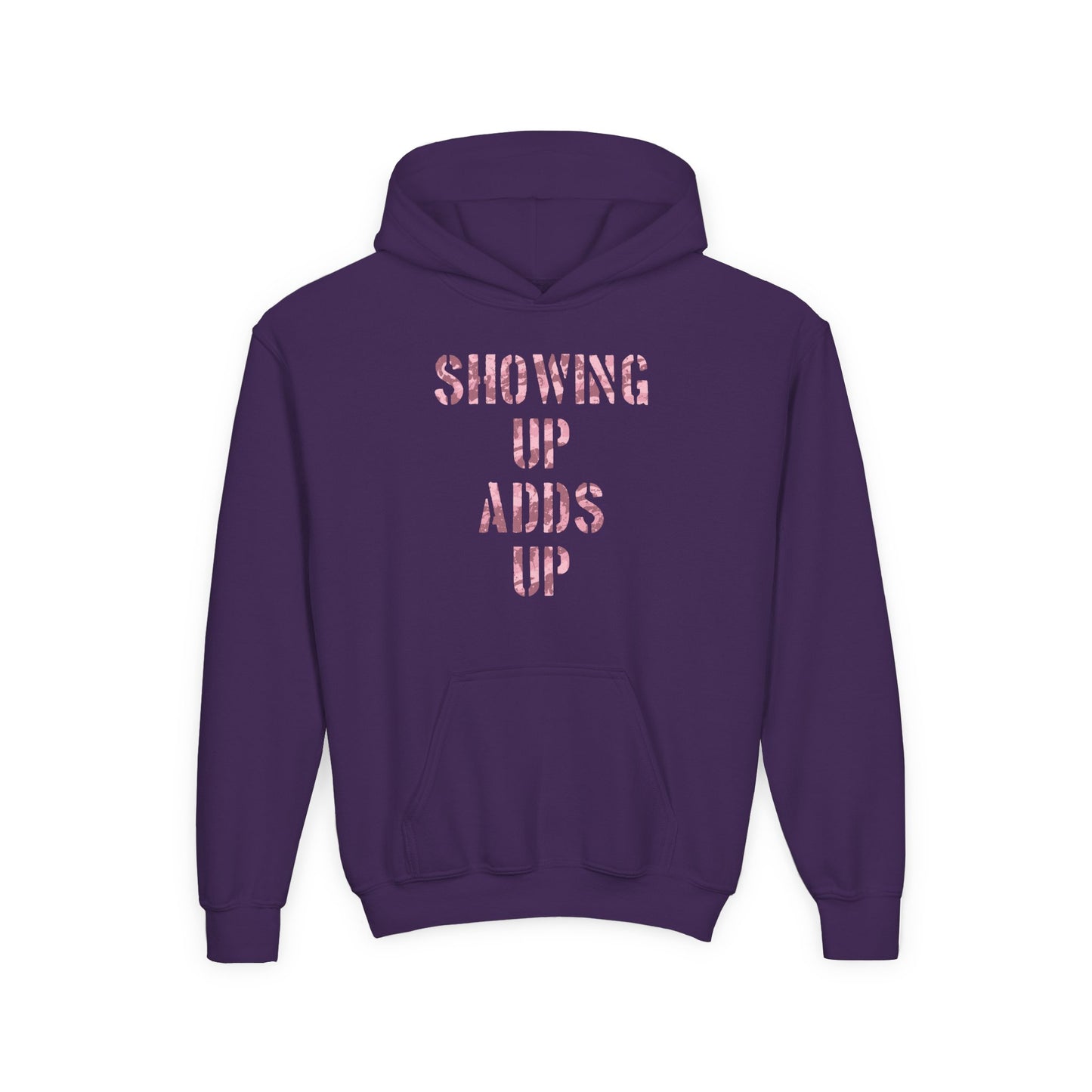 SHOWING UP ADDS UP Youth Hoodie (Pink Camo Logo)