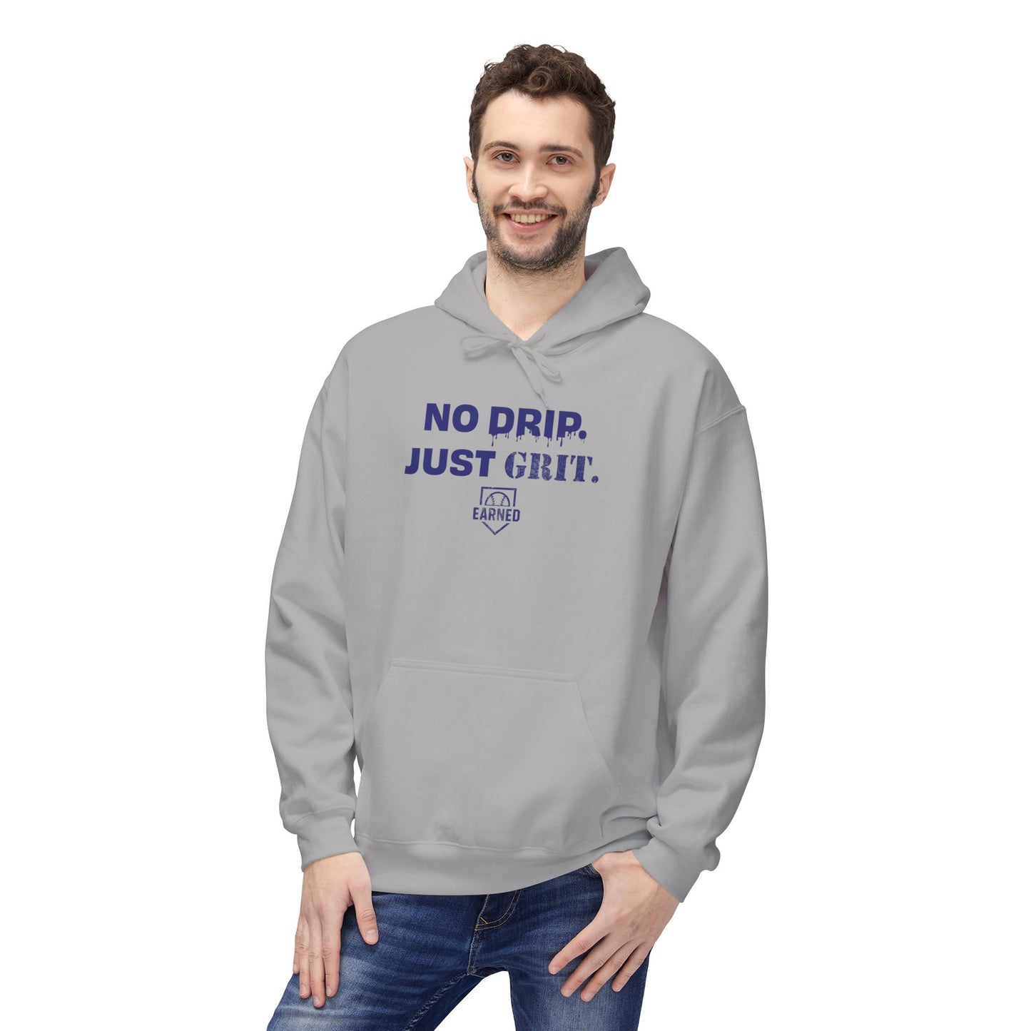 NO DRIP. JUST GRIT. Hoodie (Dark Blue Font)