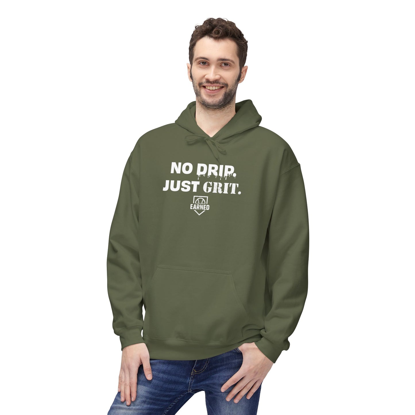 NO DRIP. JUST GRIT. Hoodie (White Font)