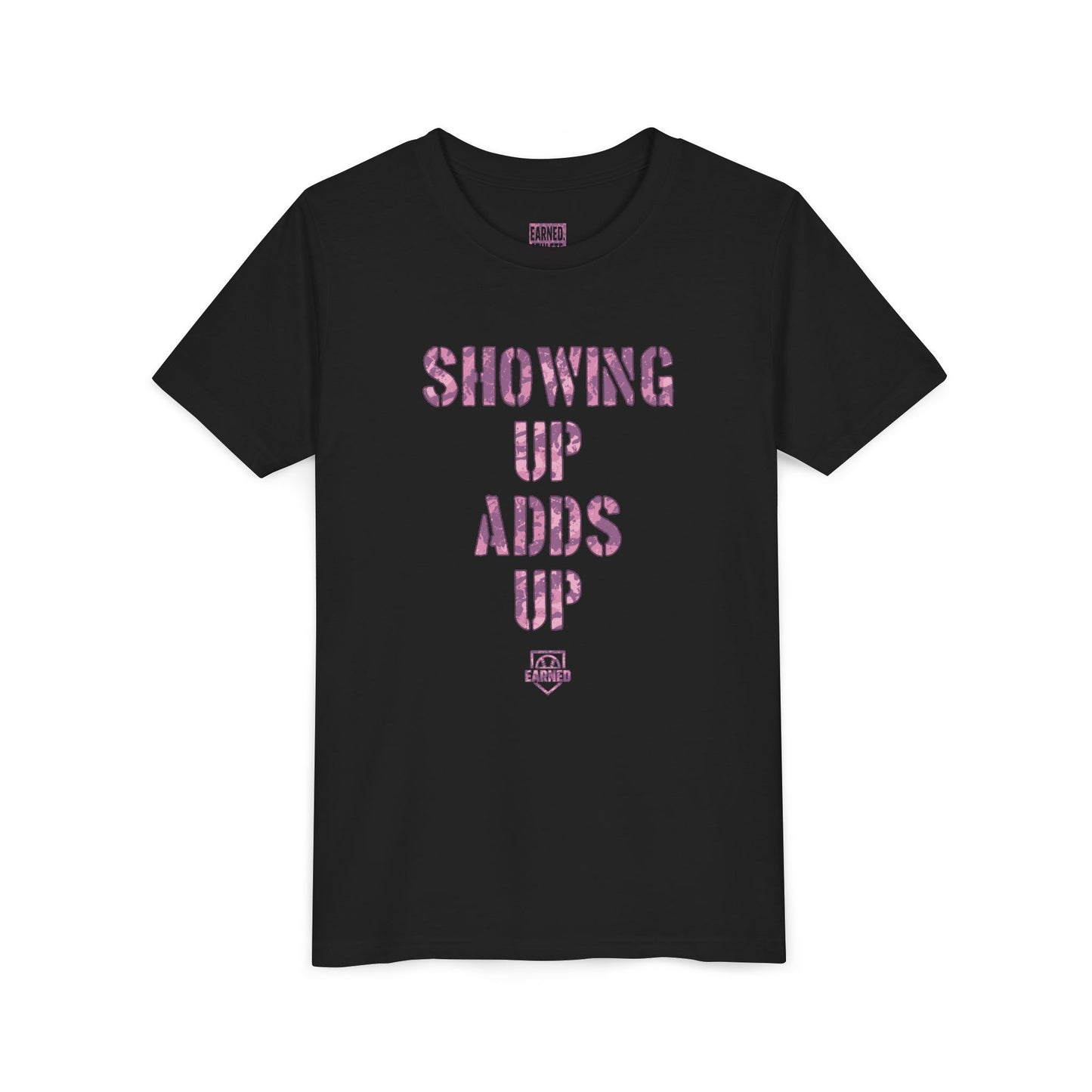 SHOWING UP ADDS UP Youth Tee (Pink Camo Font)