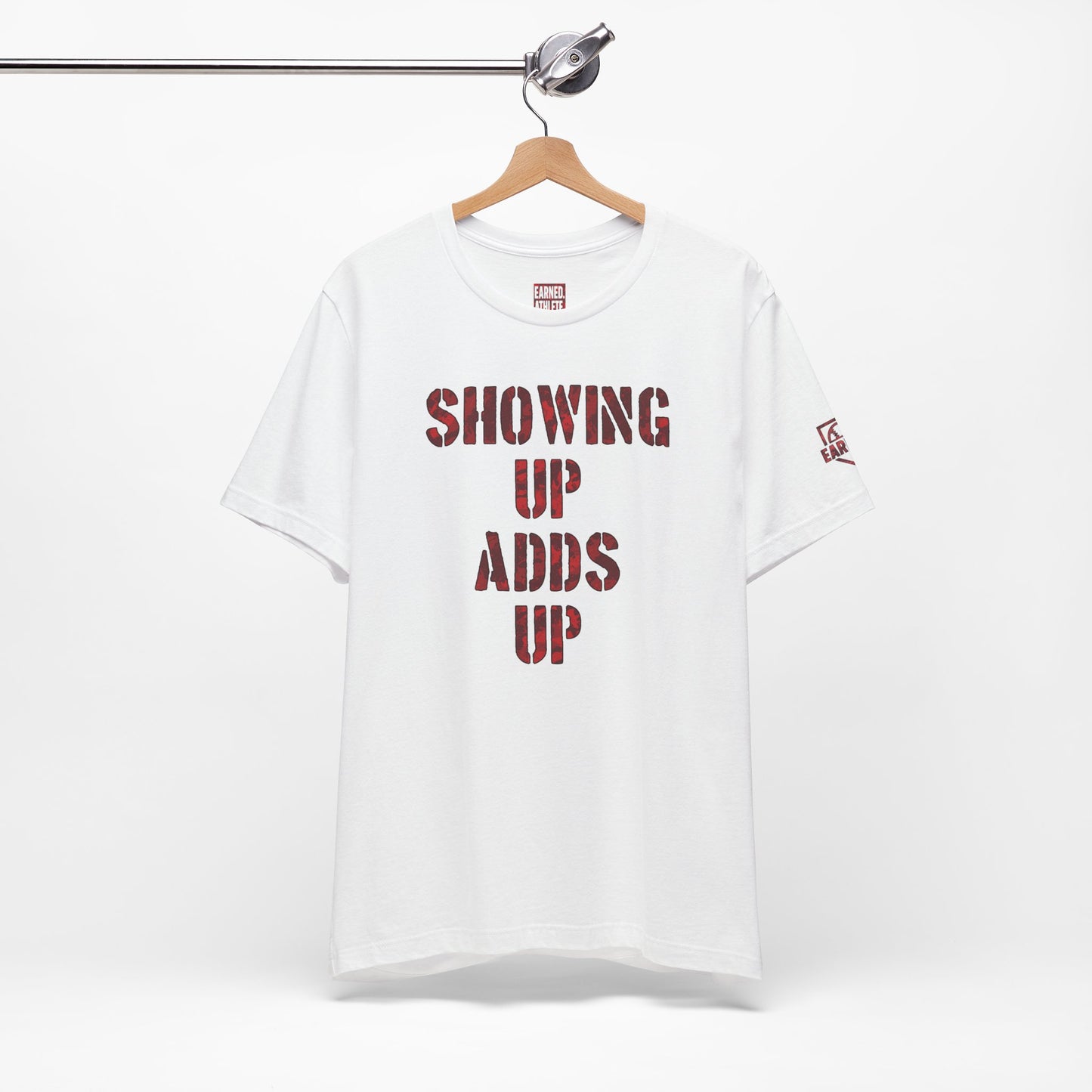 SHOWING UP ADDS UP Tee (Red Camo Font)