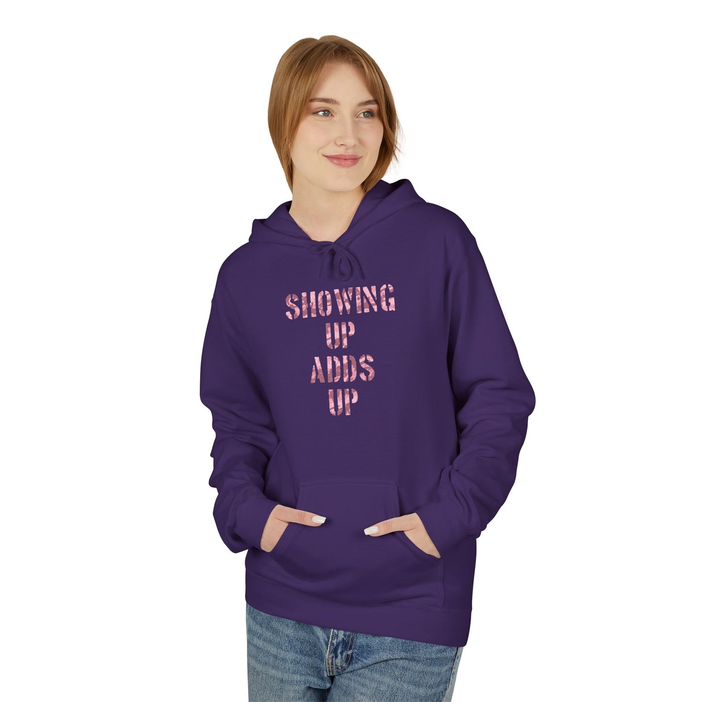 SHOWING UP ADDS UP Adult Hoodie (Pink Camo Logo)