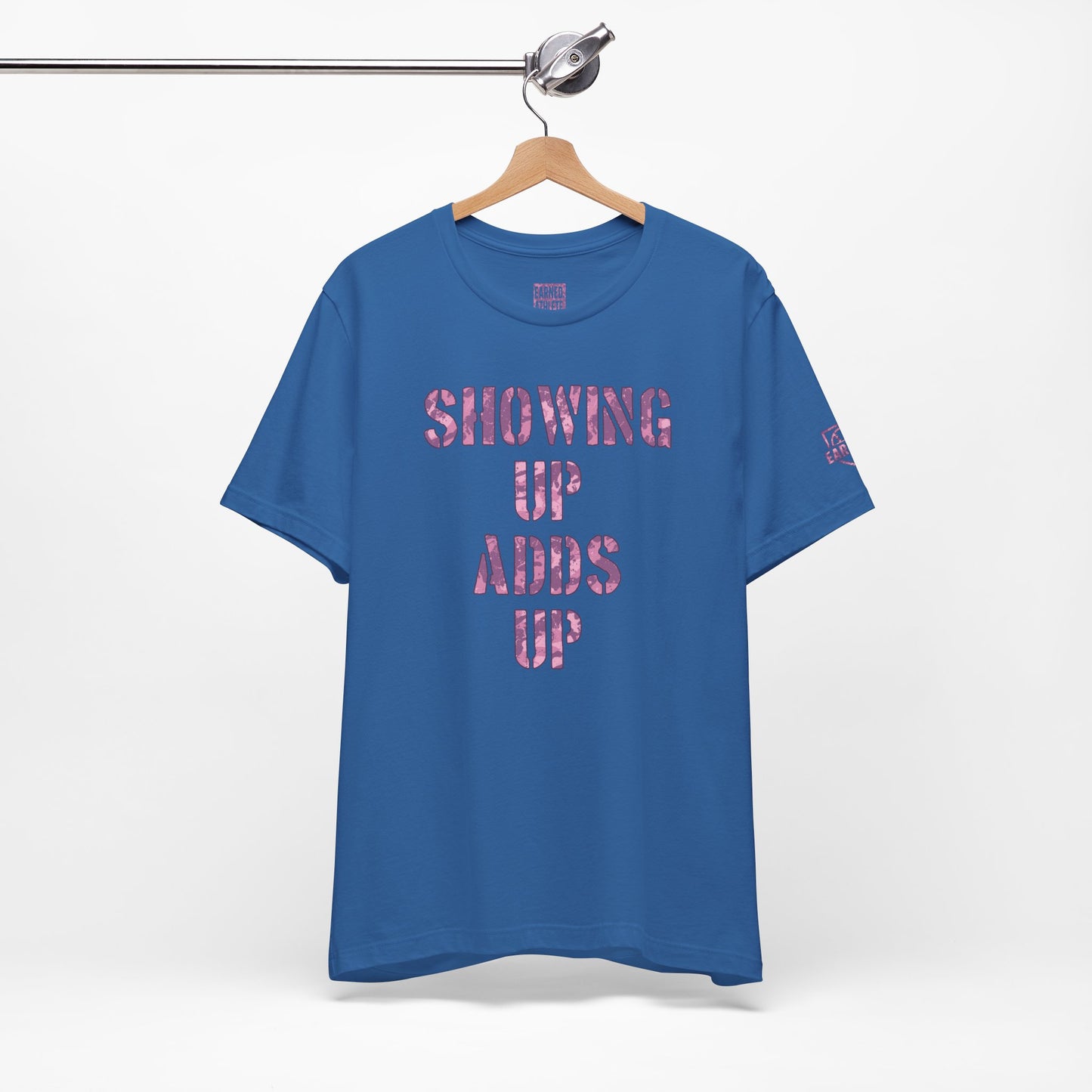 SHOWING UP ADDS UP Tee (Pink Camo Font)