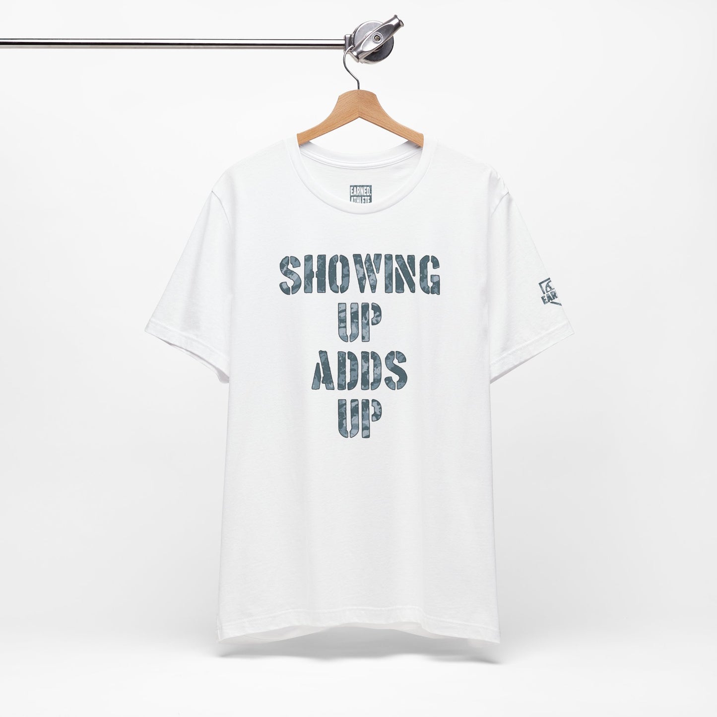 SHOWING UP ADDS UP TEE (White & Gray Camo Font)