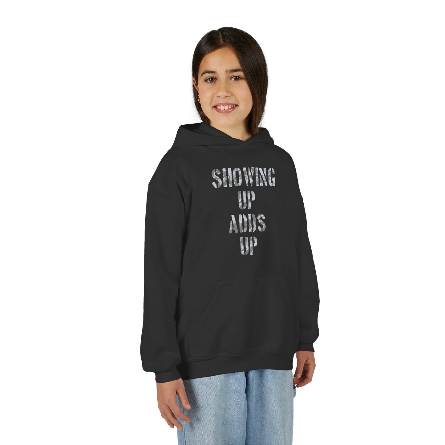 SHOWING UP ADDS UP Youth Hoodie (Grey Camo Logo)