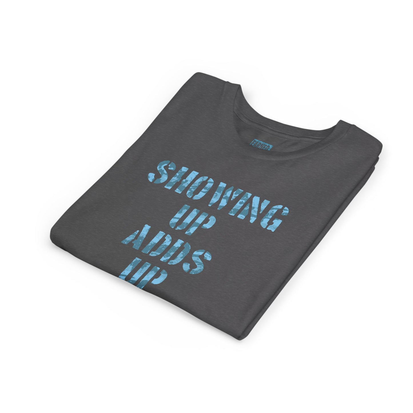 SHOWING UP ADDS UP Youth Tee (Blue Camo Font)