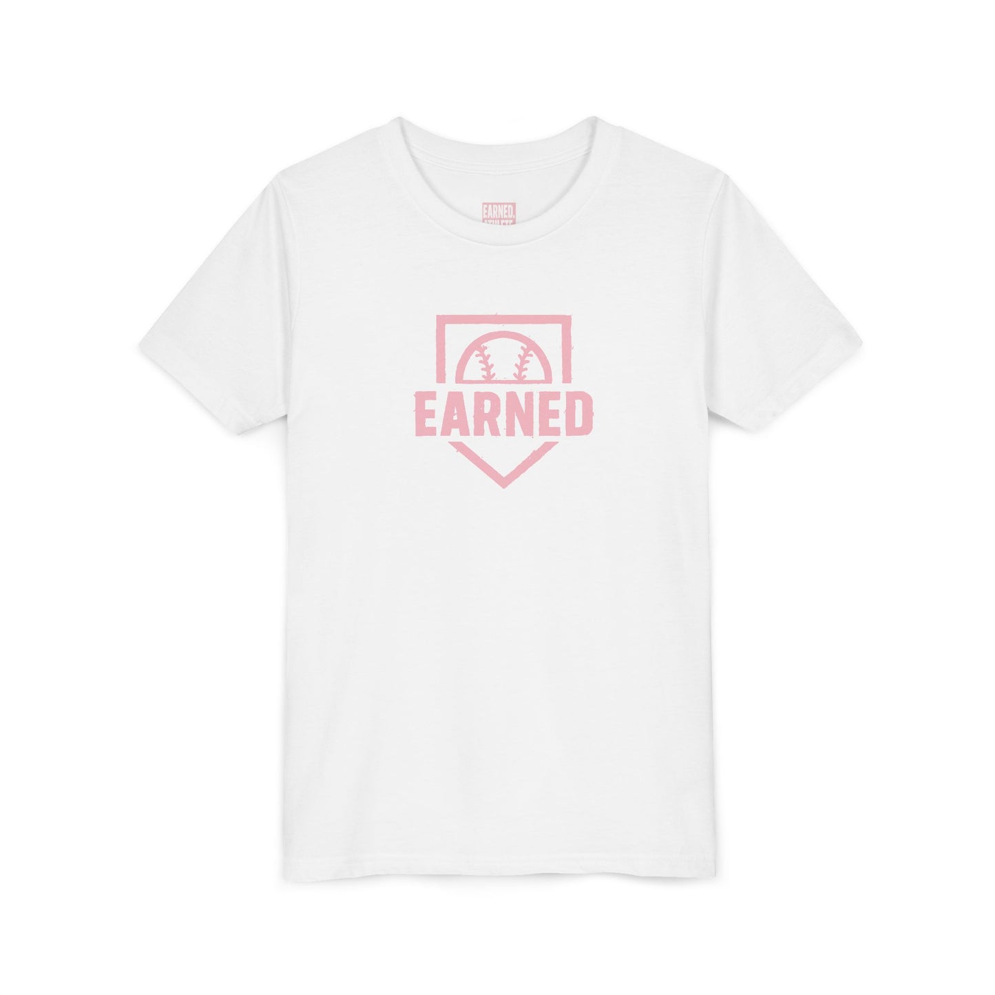 EARNED Logo Youth Tee (Soft Pink logo)