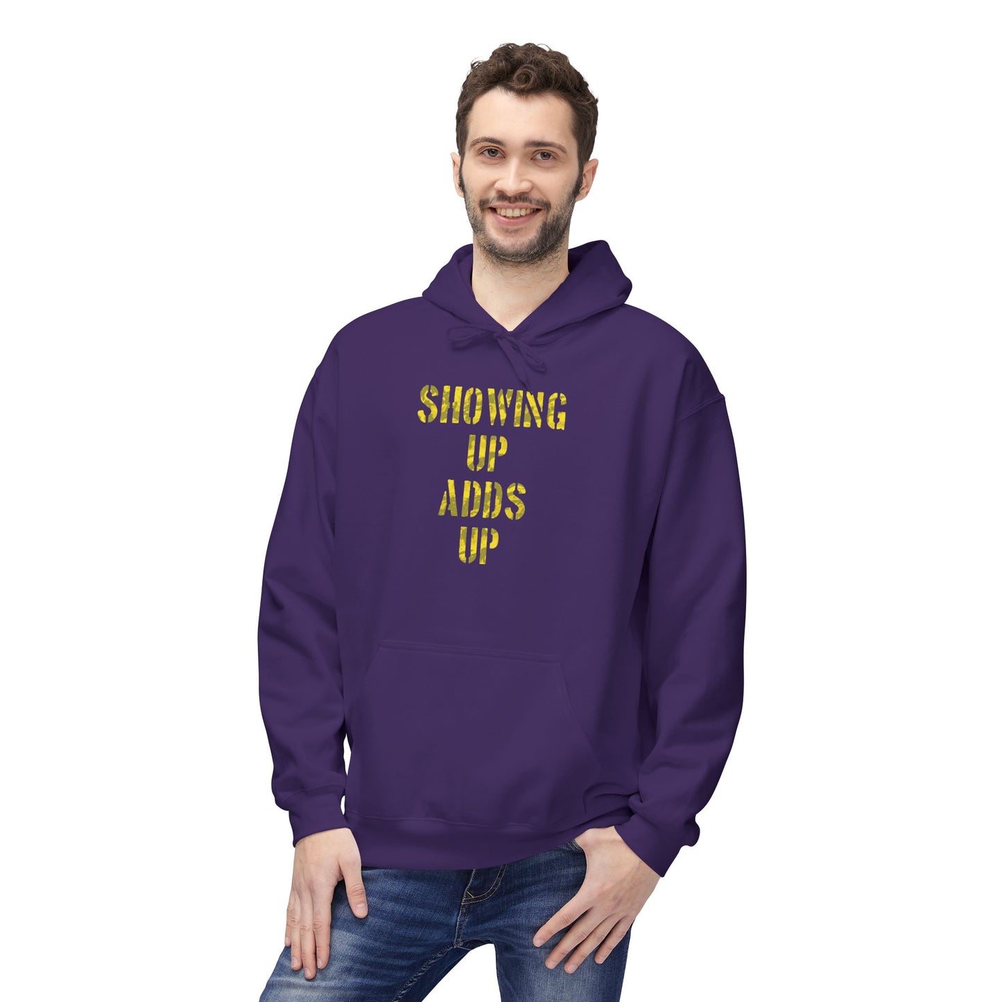 SHOWING UP ADDS UP Adult Hoodie (Yellow Camo Logo)