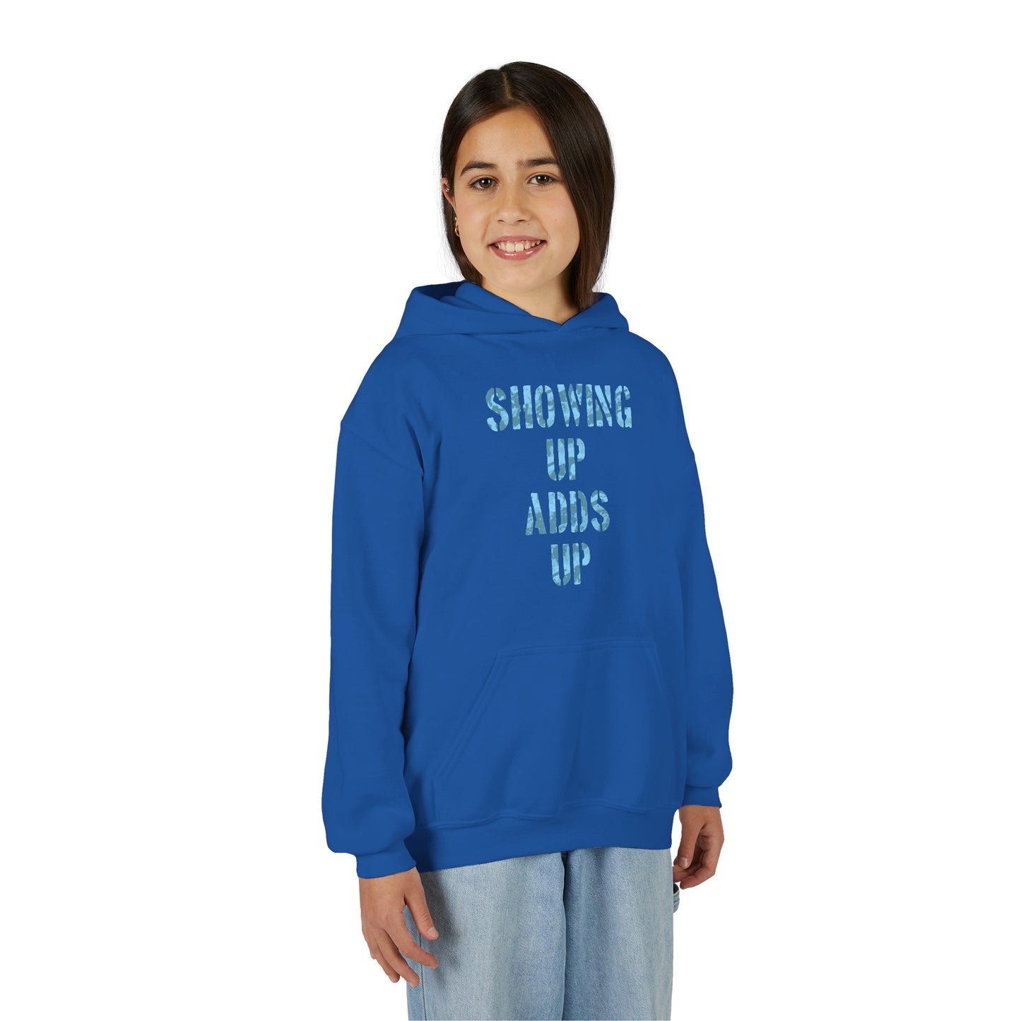 SHOWING UP ADDS UP Youth Hoodie (Blue Camo Logo)