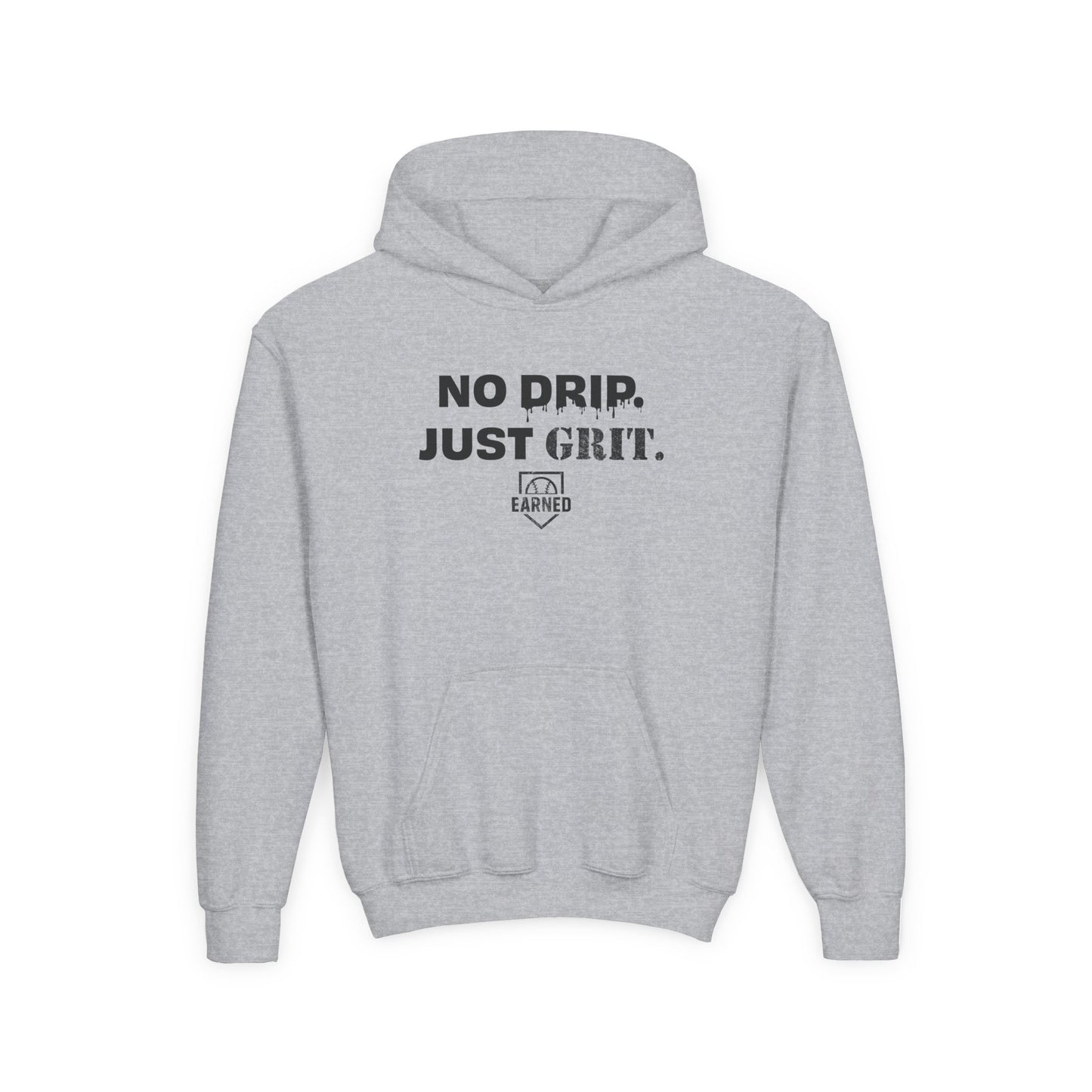 NO DRIP. JUST GRIT. Youth Hoodie (Black Logo)