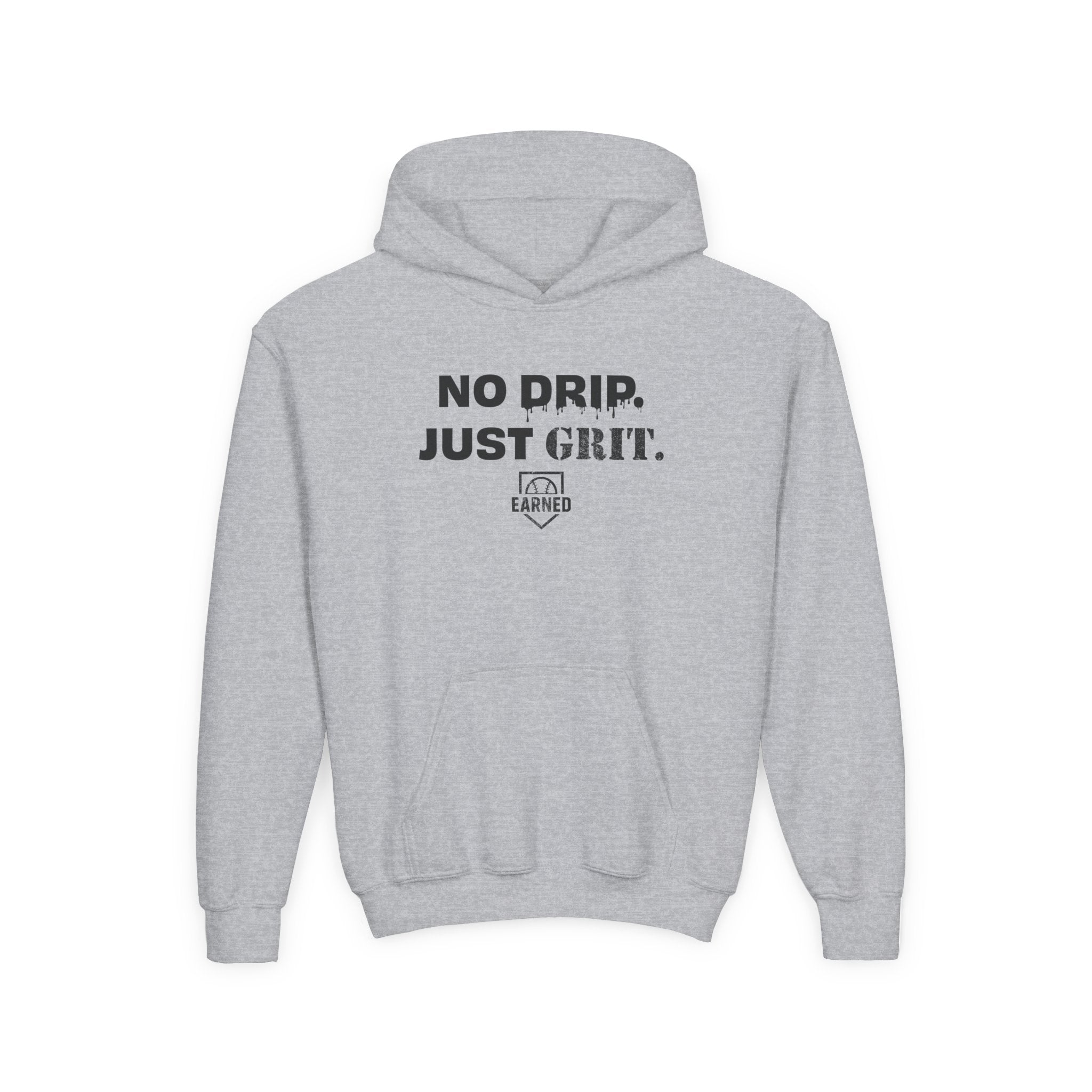 NO DRIP. JUST GRIT. Youth Hoodie (Black Logo)