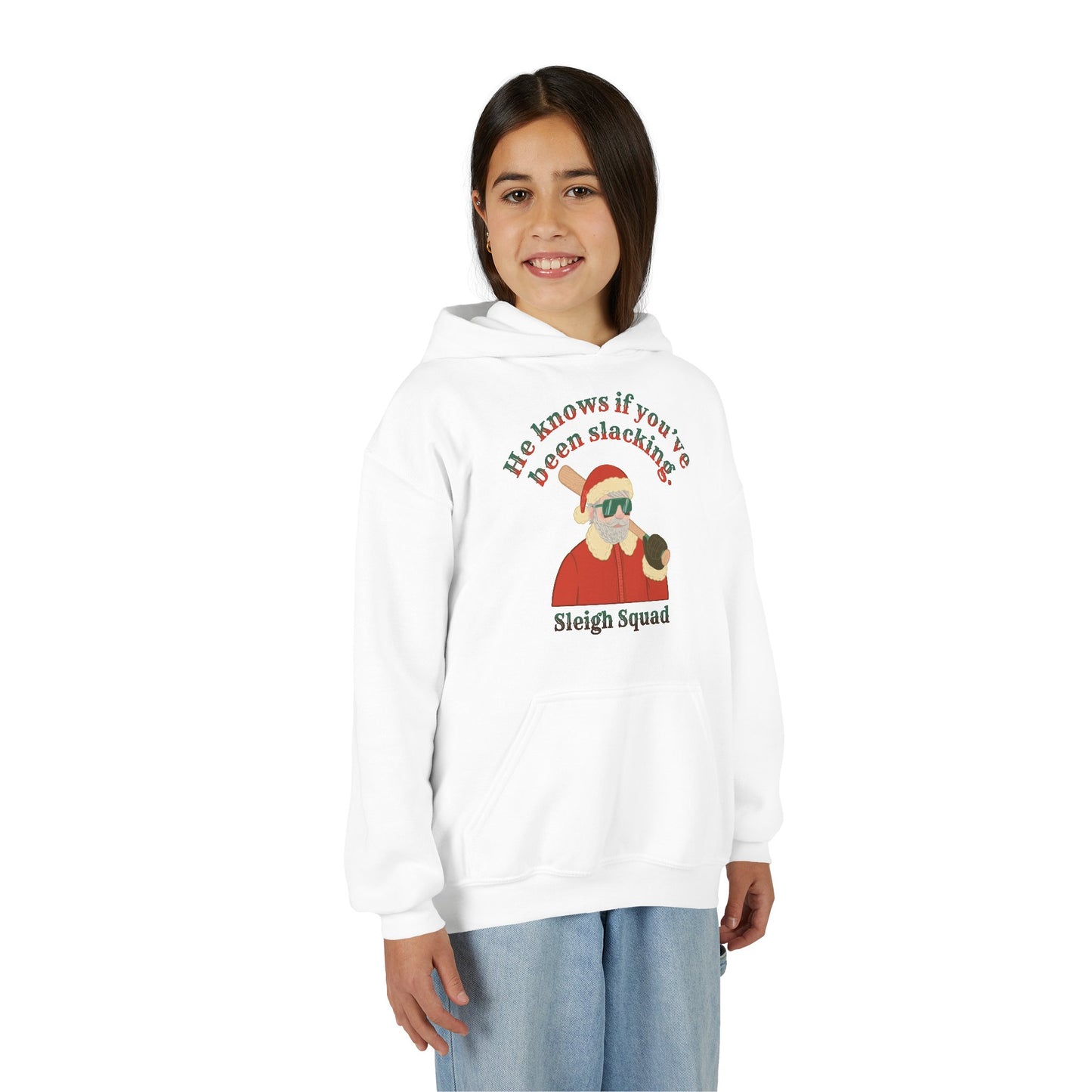 HE KNOWS IF YOU'VE BEEN SLACKING Youth Hoodie - SLEIGH SQUAD Collection
