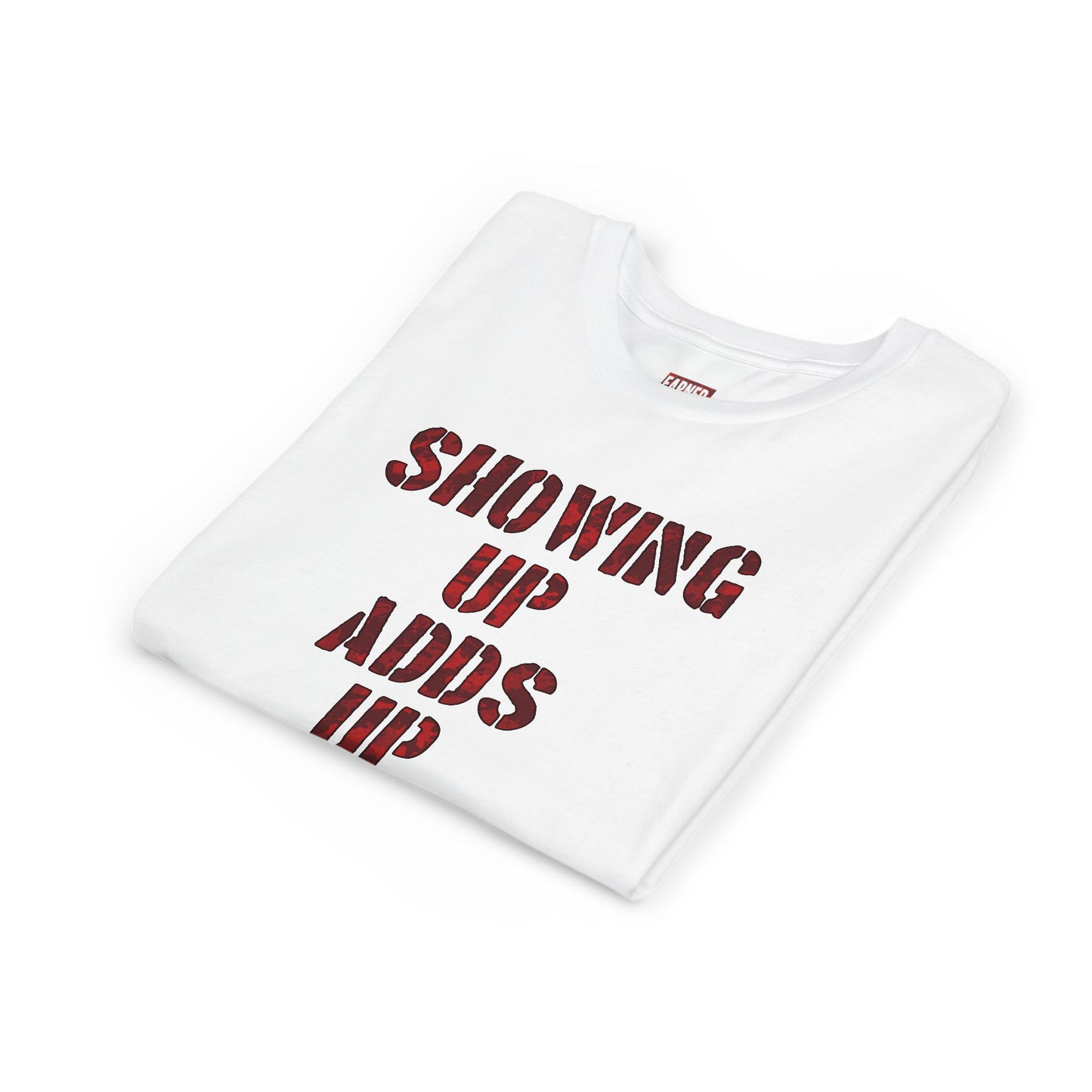 SHOWING UP ADDS UP Youth Tee (Red Camo Font)