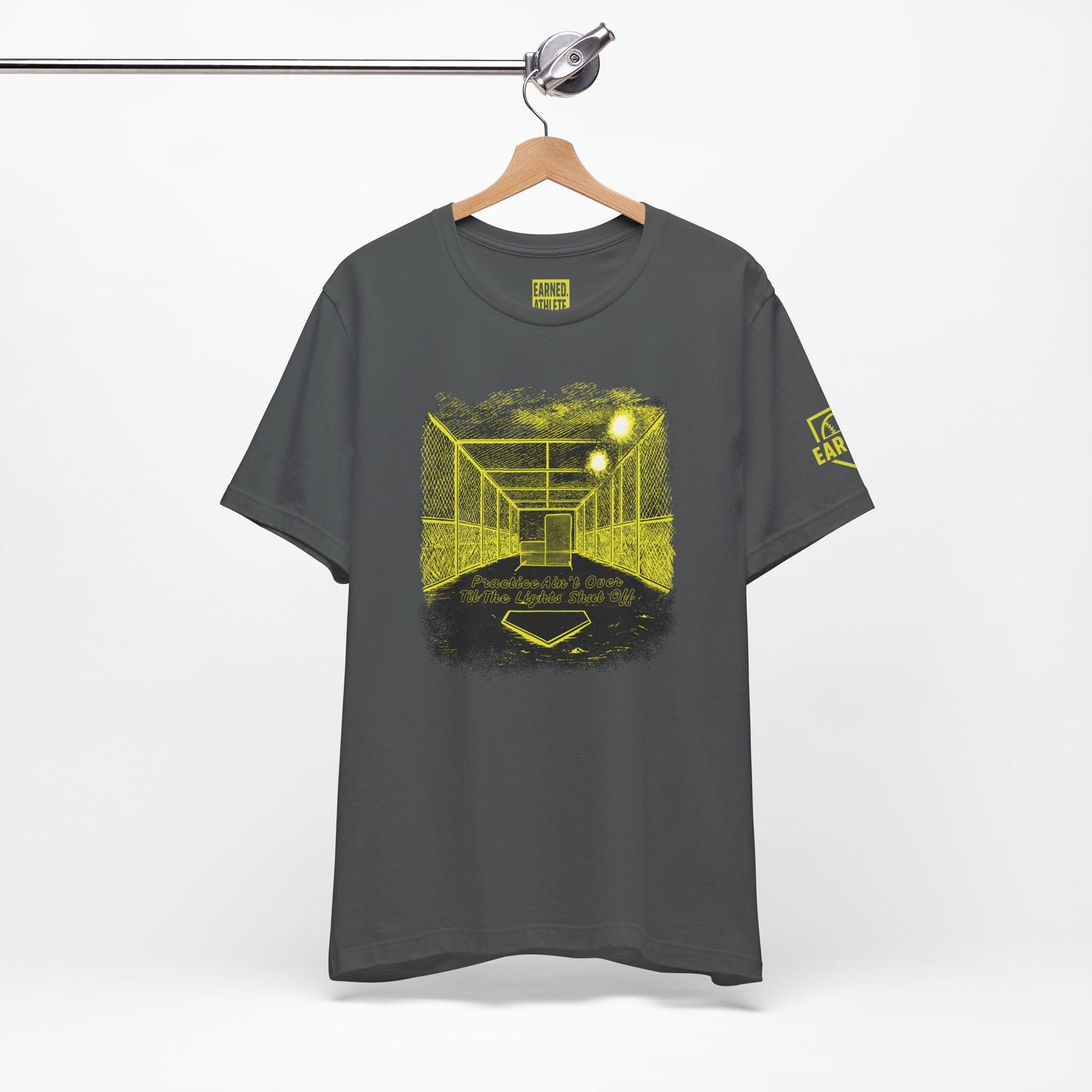 PRACTICE AIN'T OVER TILL THE LIGHTS SHUT OFF Tee (Yellow Font)
