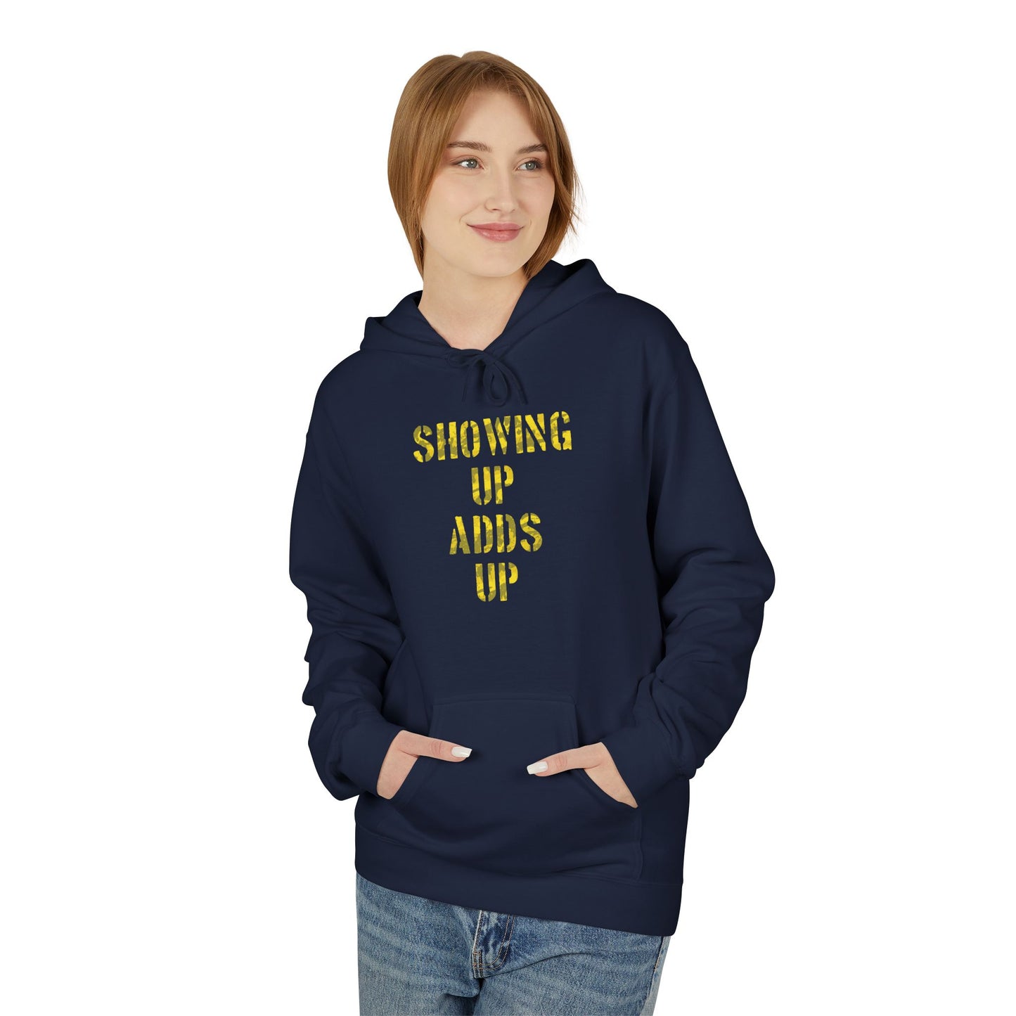 SHOWING UP ADDS UP Adult Hoodie (Yellow Camo Logo)