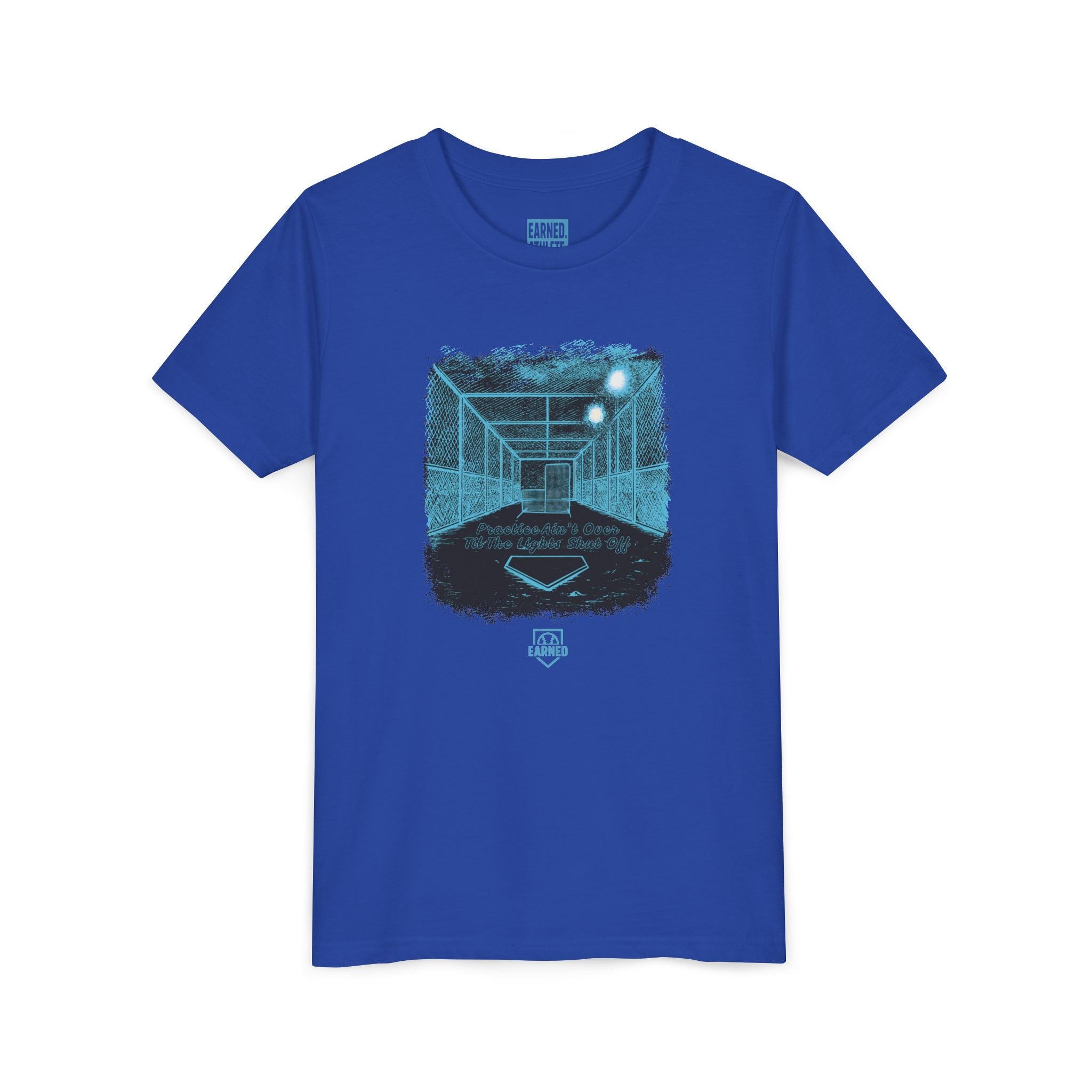 PRACTICE AIN'T OVER TILL THE LIGHTS SHUT OFF Youth Tee (Blue Font)