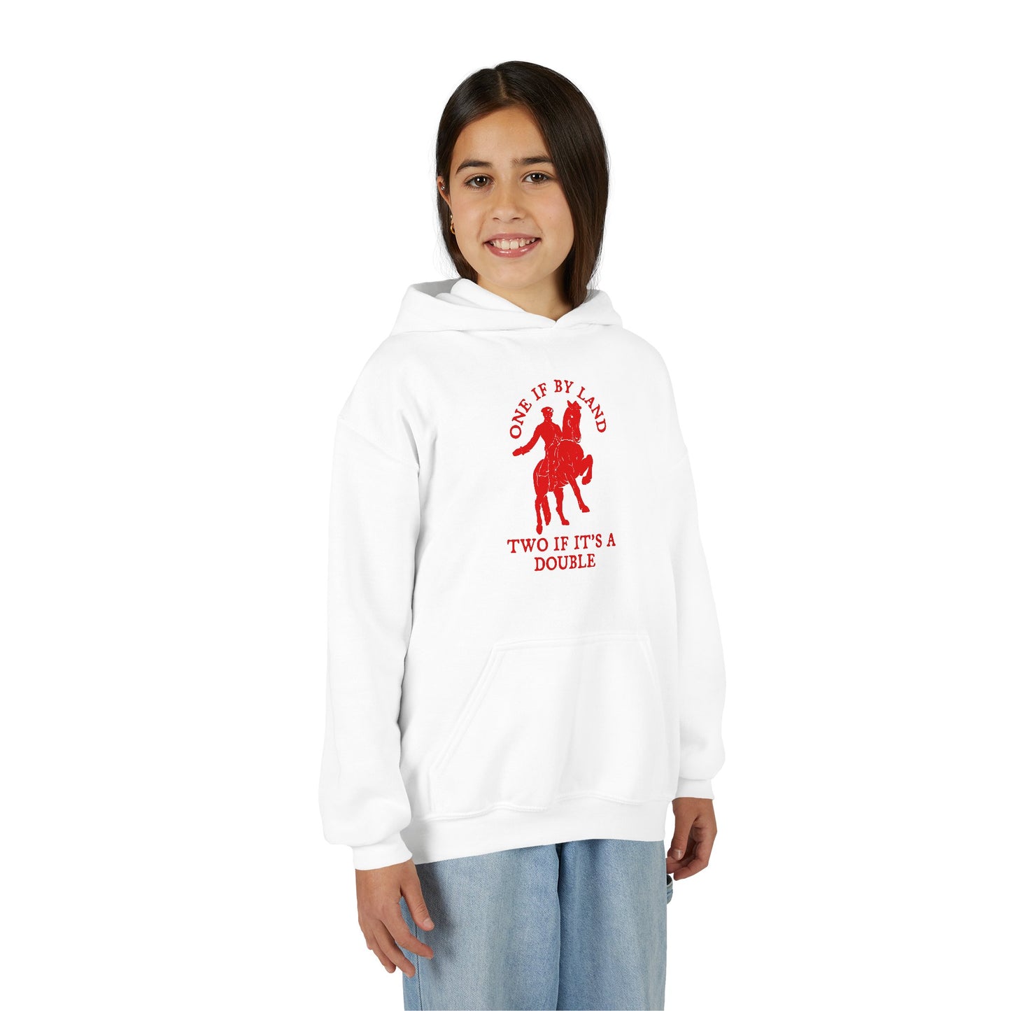 ONE IF BY LAND, TWO IF IT'S A DOUBLE Youth Hoodie (Paul Revere Red) - AMERICA 250 Collection