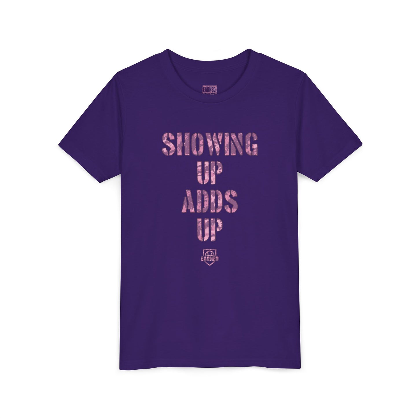 SHOWING UP ADDS UP Youth Tee (Pink Camo Font)