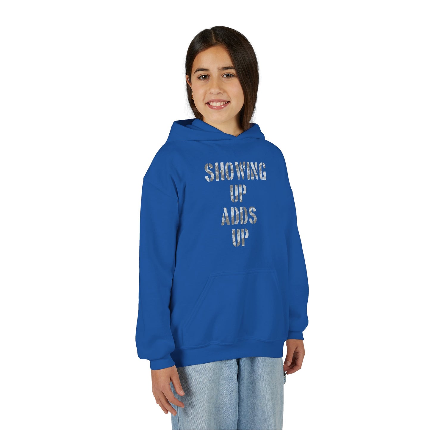 SHOWING UP ADDS UP Youth Hoodie (Grey Camo Logo)