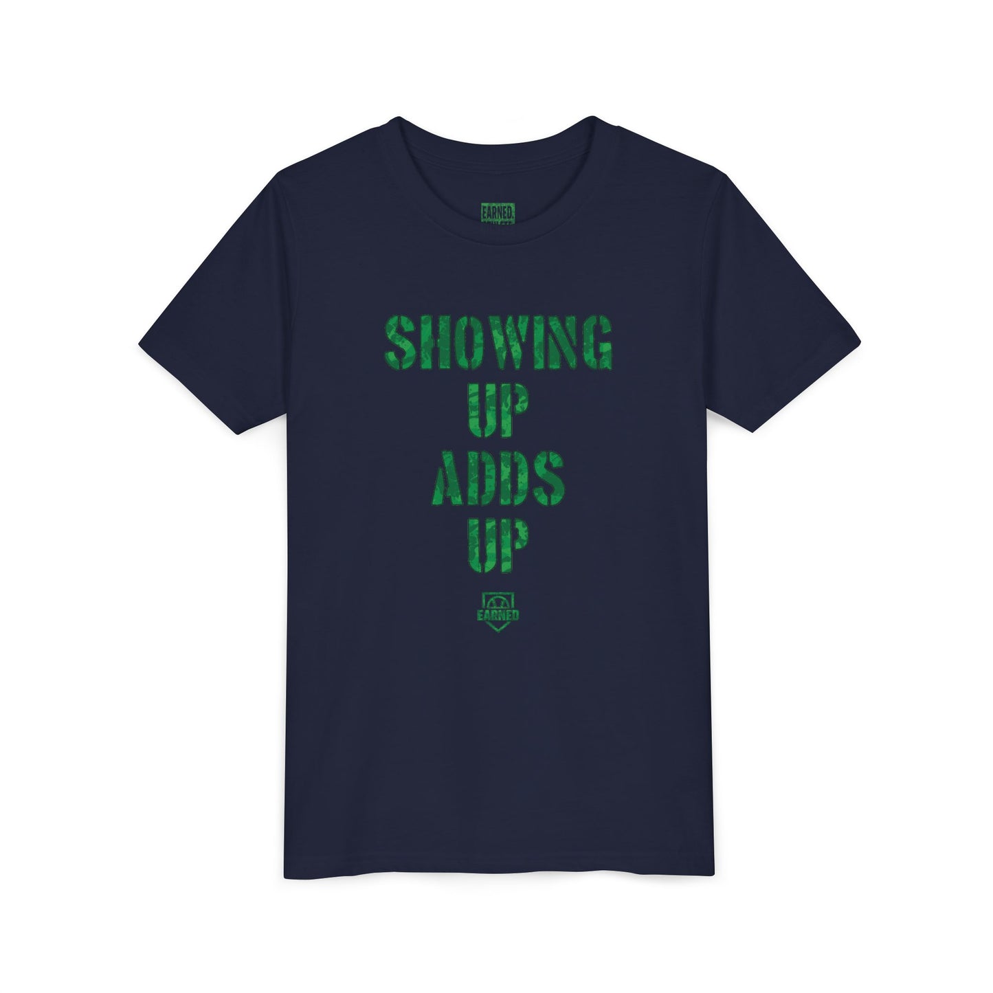 SHOWING UP ADDS UP Youth Tee (Green Camo Font)