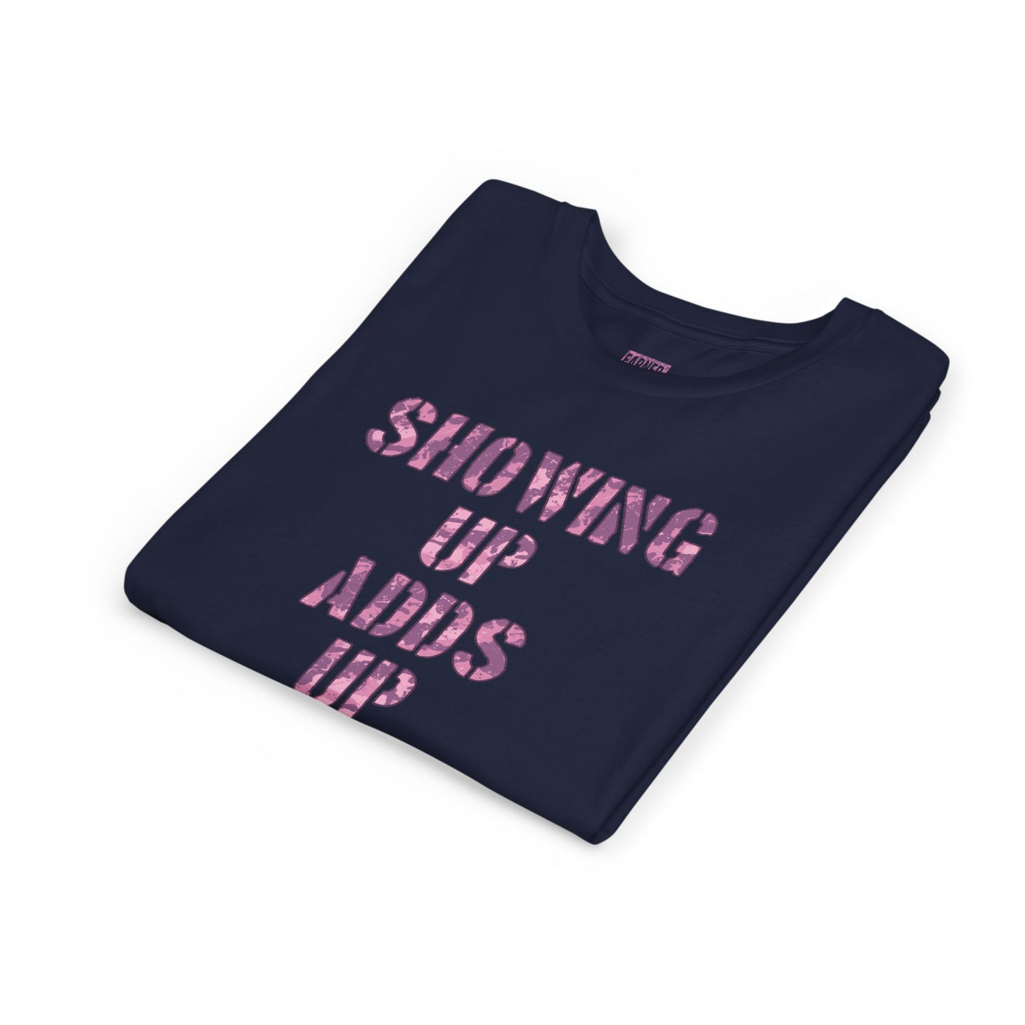 SHOWING UP ADDS UP Youth Tee (Pink Camo Font)