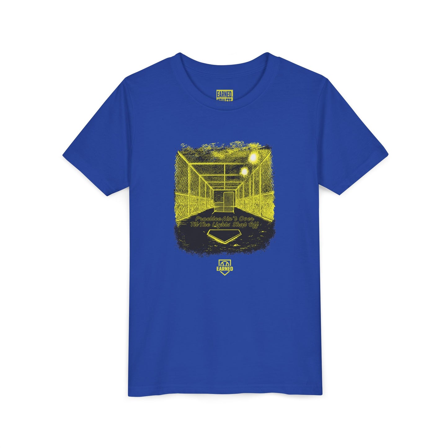 PRACTICE AIN'T OVER TILL THE LIGHTS SHUT OFF Youth Tee (Yellow Font)