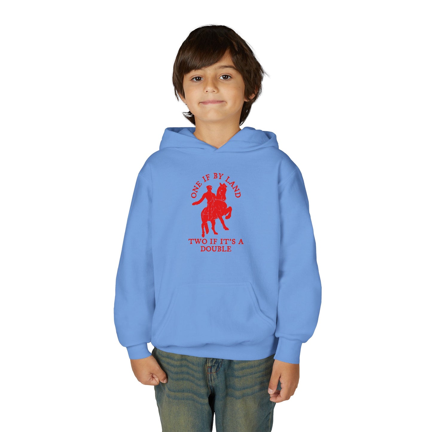 ONE IF BY LAND, TWO IF IT'S A DOUBLE Youth Hoodie (Paul Revere Red) - AMERICA 250 Collection
