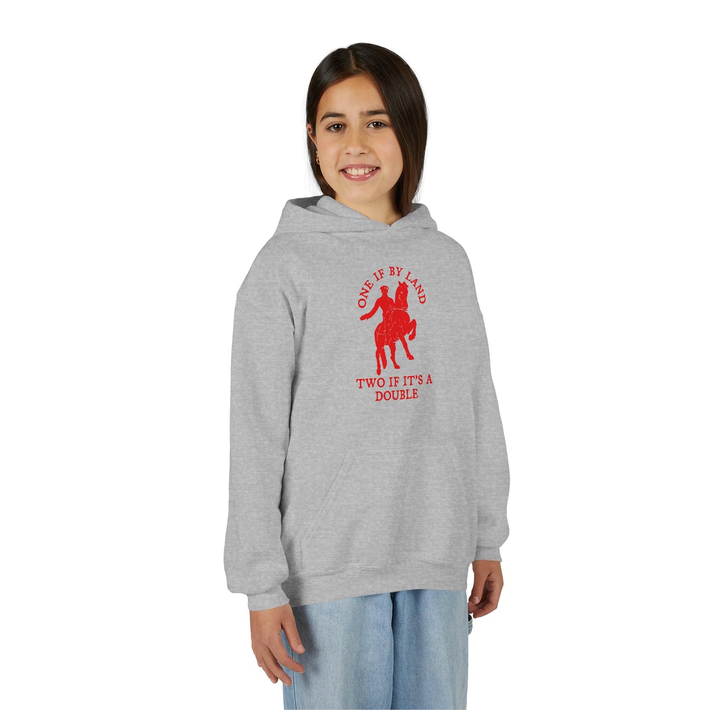 ONE IF BY LAND, TWO IF IT'S A DOUBLE Youth Hoodie (Paul Revere Red) - AMERICA 250 Collection