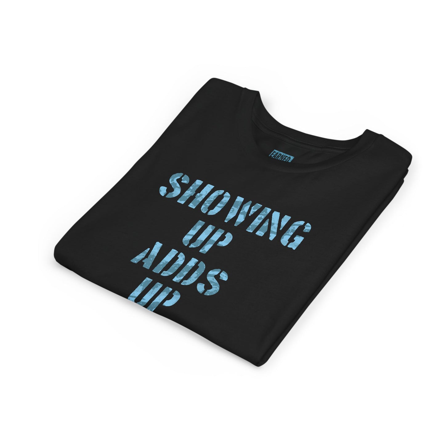SHOWING UP ADDS UP Youth Tee (Blue Camo Font)