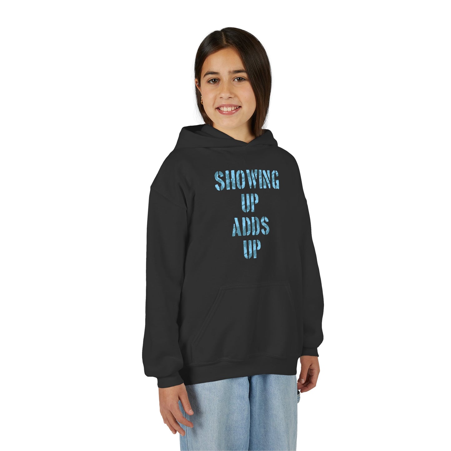 SHOWING UP ADDS UP Youth Hoodie (Blue Camo Logo)
