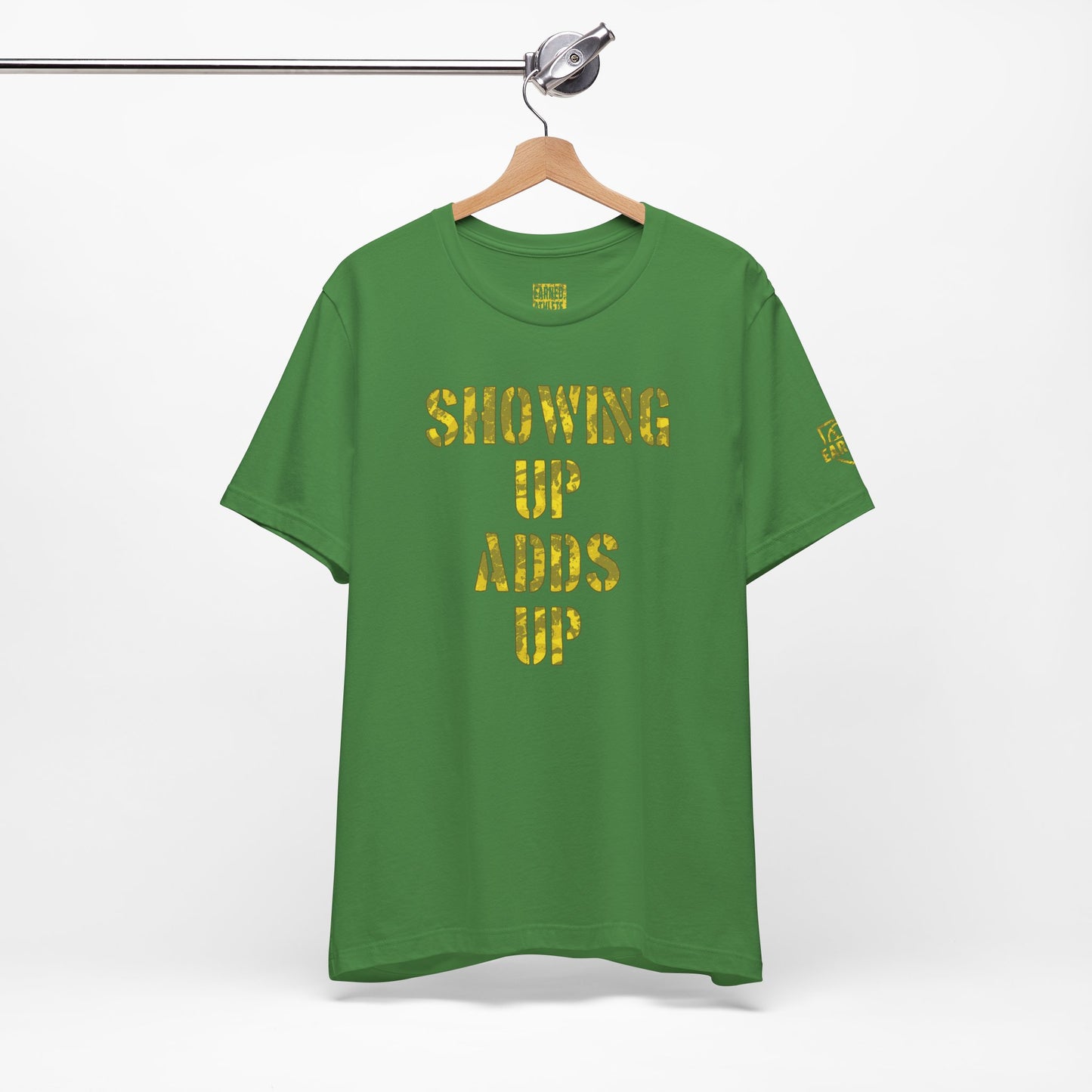 SHOWING UP ADDS UP Tee (Yellow Camo Font)