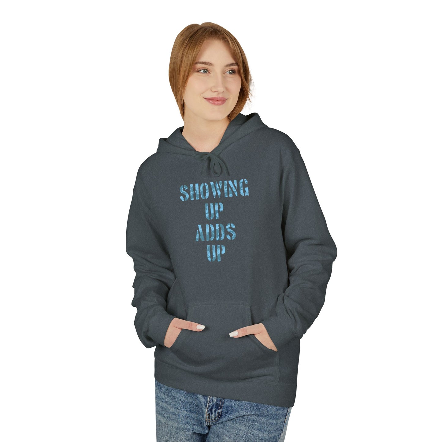 SHOWING UP ADDS UP Adult Hoodie (Blue Camo Logo)
