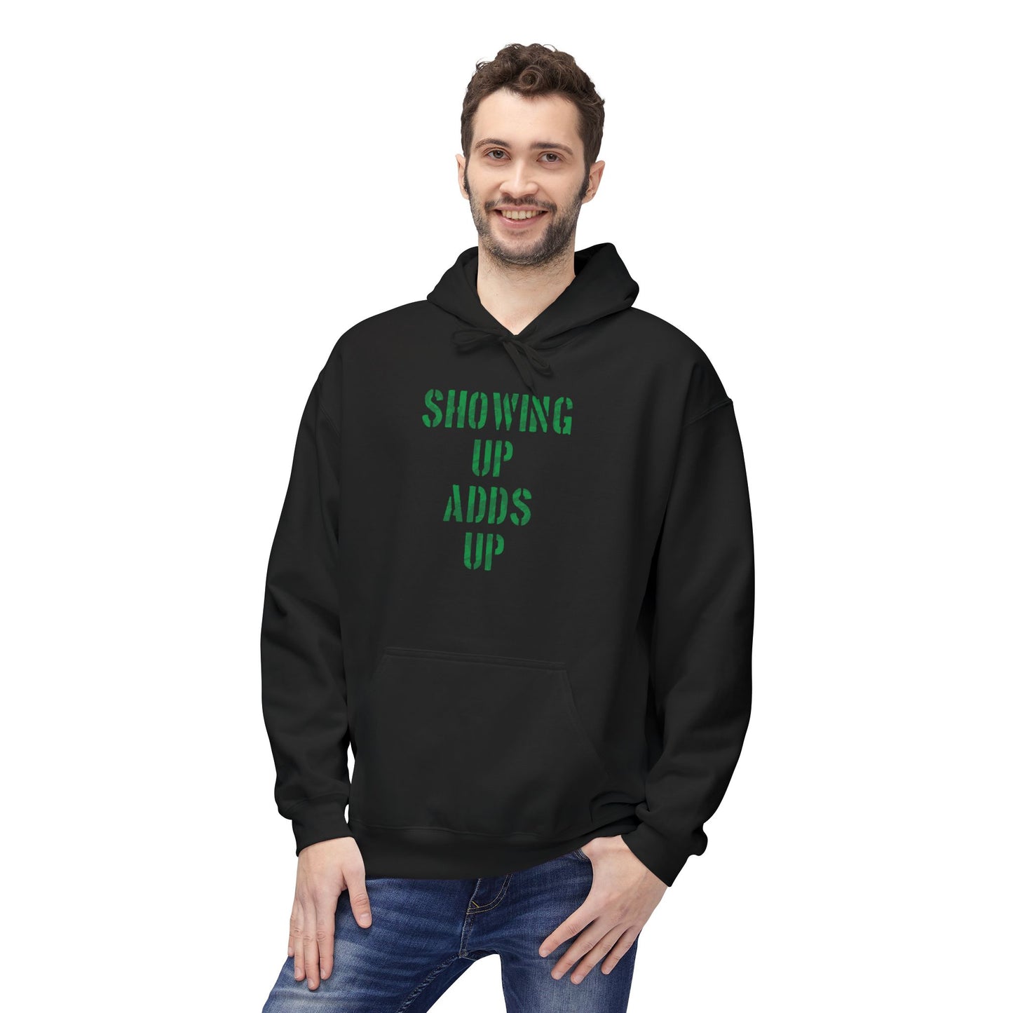 SHOWING UP ADDS UP Adult Hoodie (Green Camo Logo)