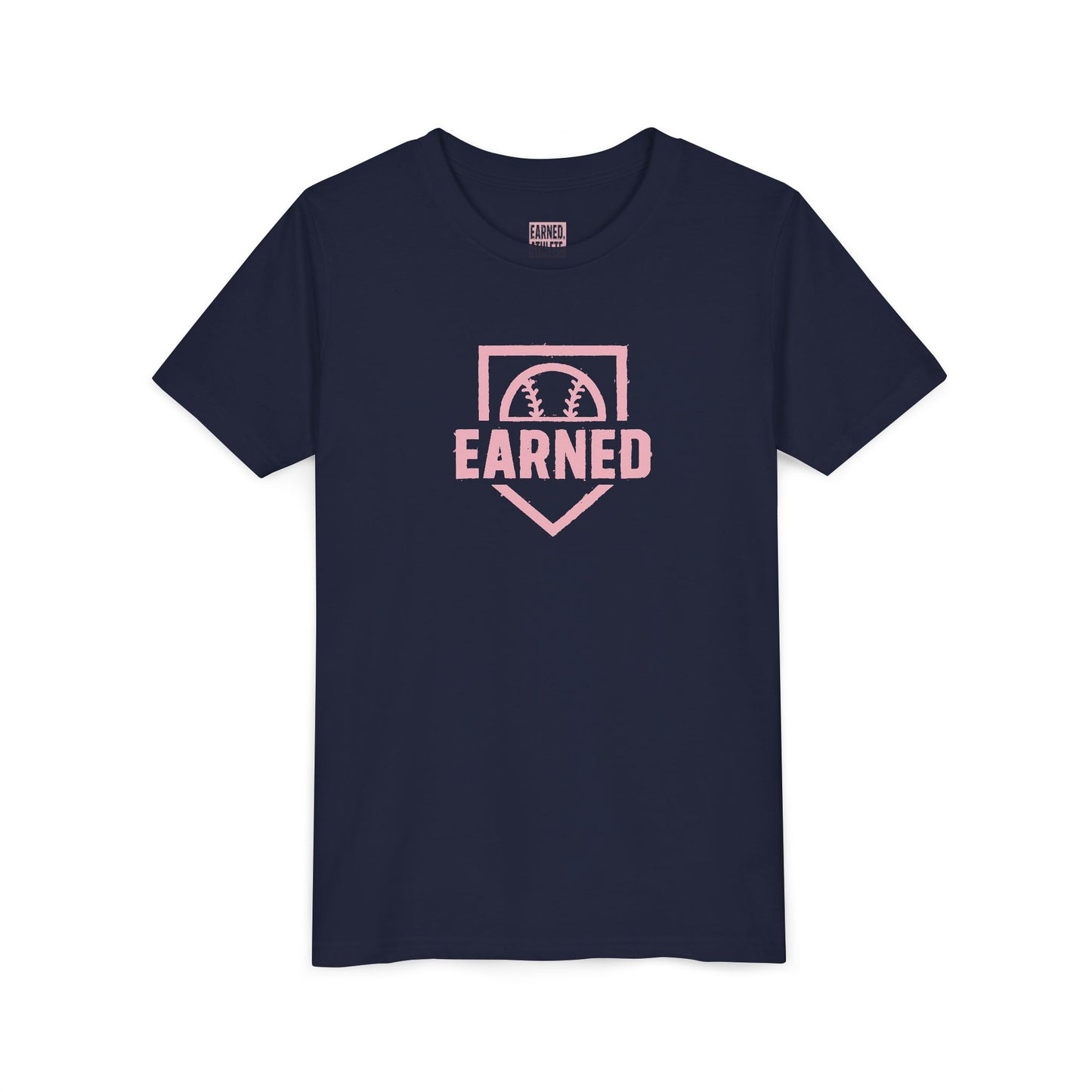 EARNED Logo Youth Tee (Soft Pink logo)