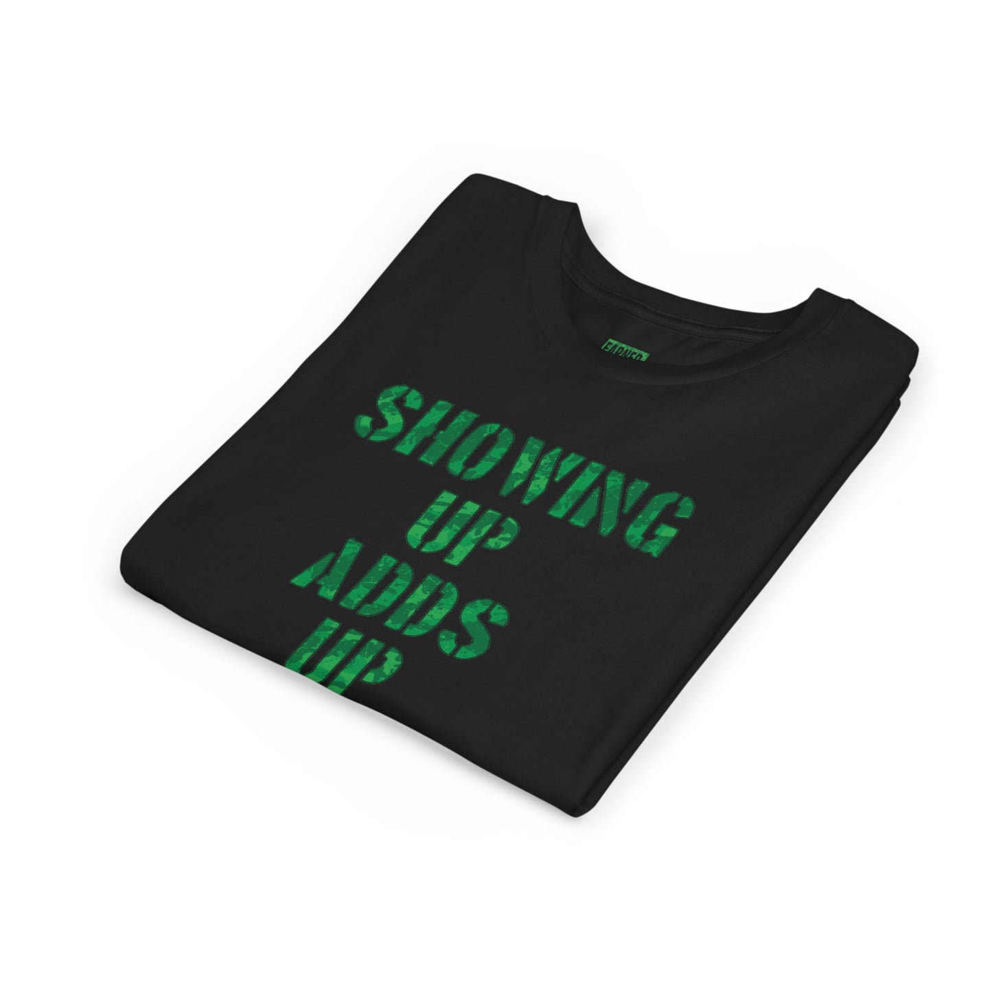 SHOWING UP ADDS UP Youth Tee (Green Camo Font)