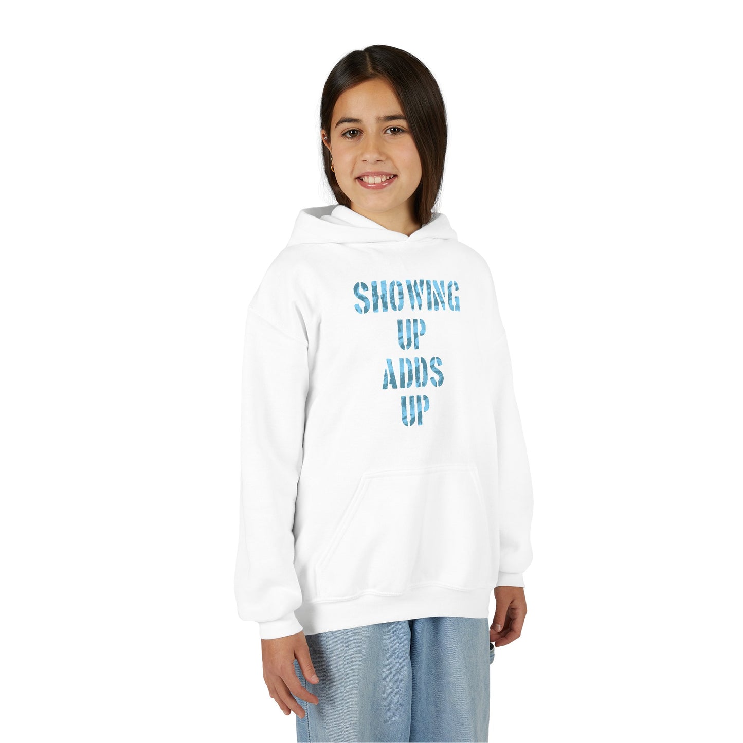 SHOWING UP ADDS UP Youth Hoodie (Blue Camo Logo)