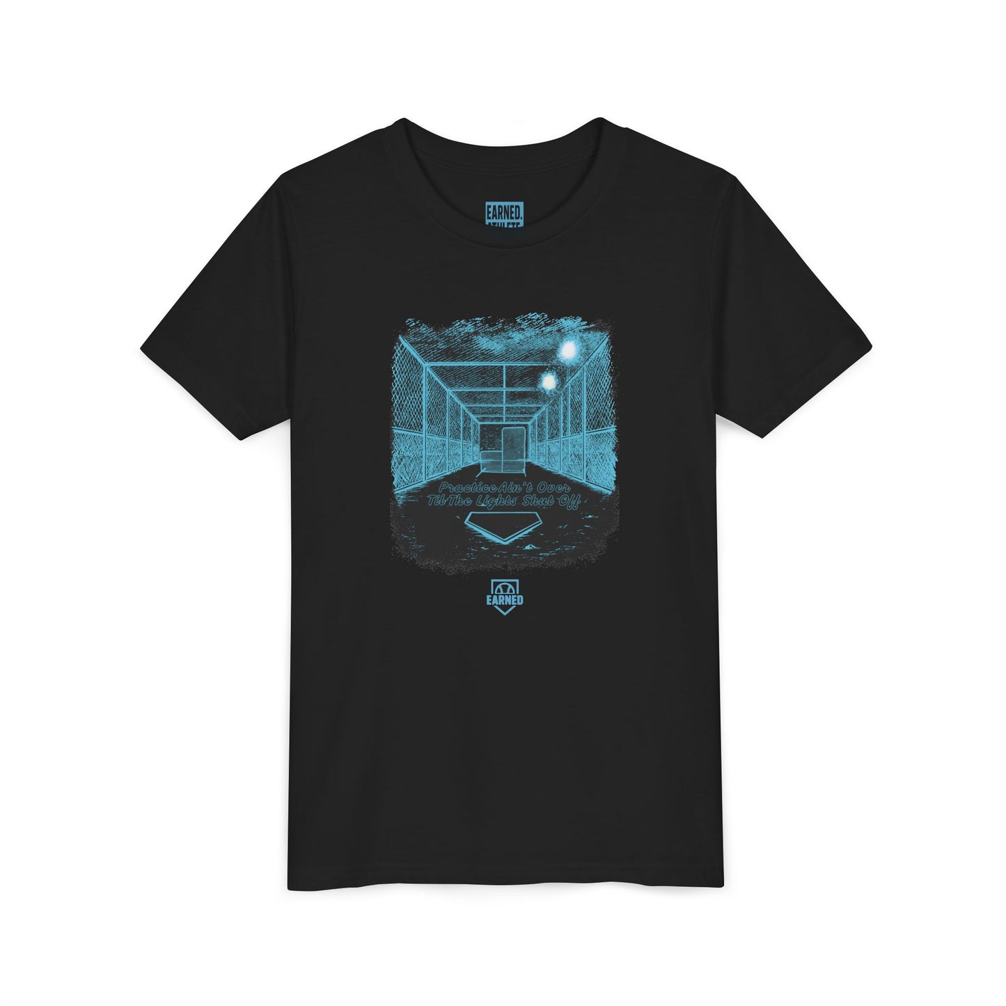 PRACTICE AIN'T OVER TILL THE LIGHTS SHUT OFF Youth Tee (Blue Font)