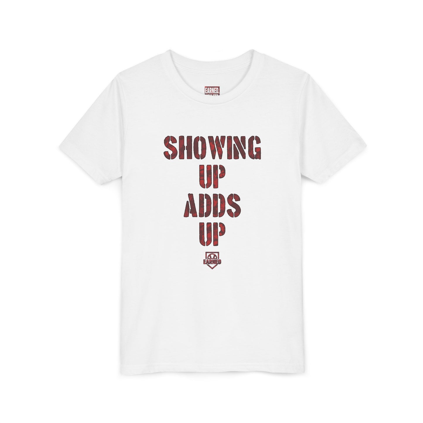 SHOWING UP ADDS UP Youth Tee (Red Camo Font)