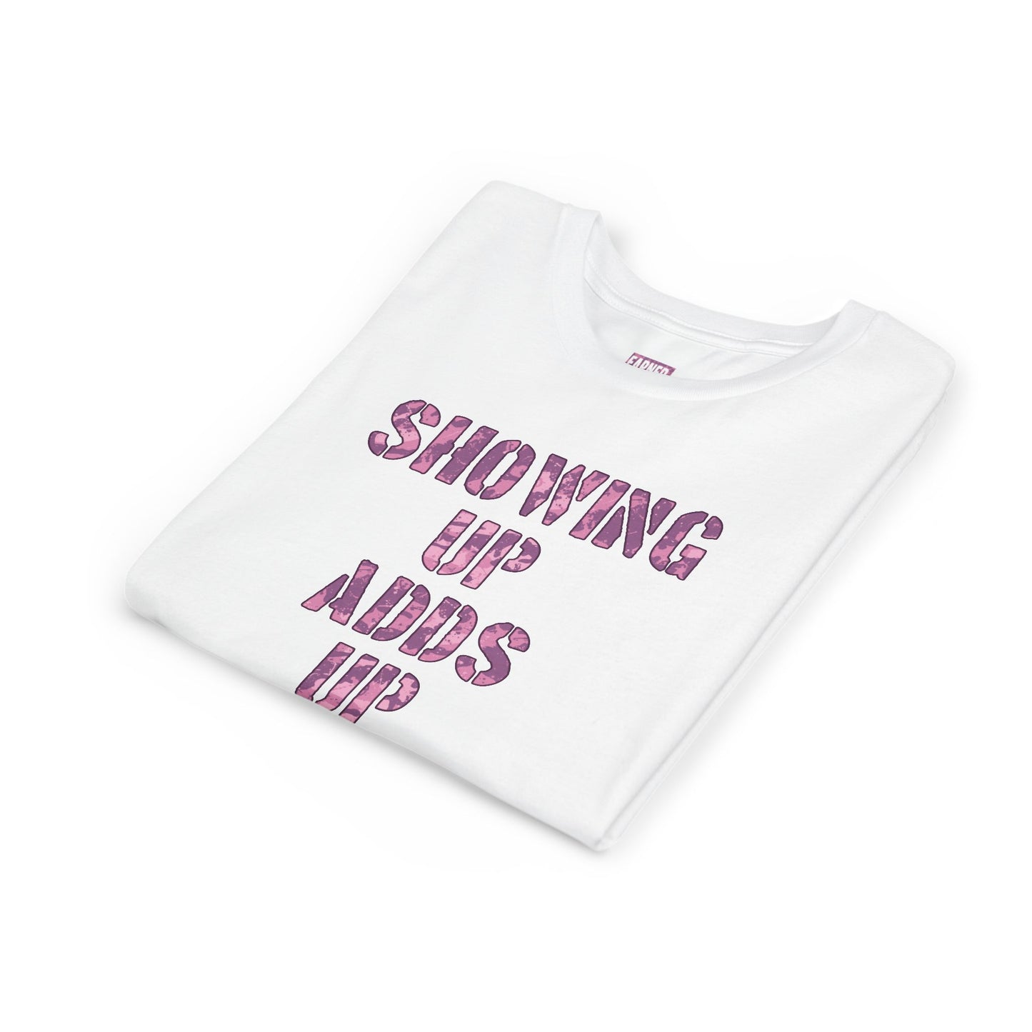 SHOWING UP ADDS UP Youth Tee (Pink Camo Font)