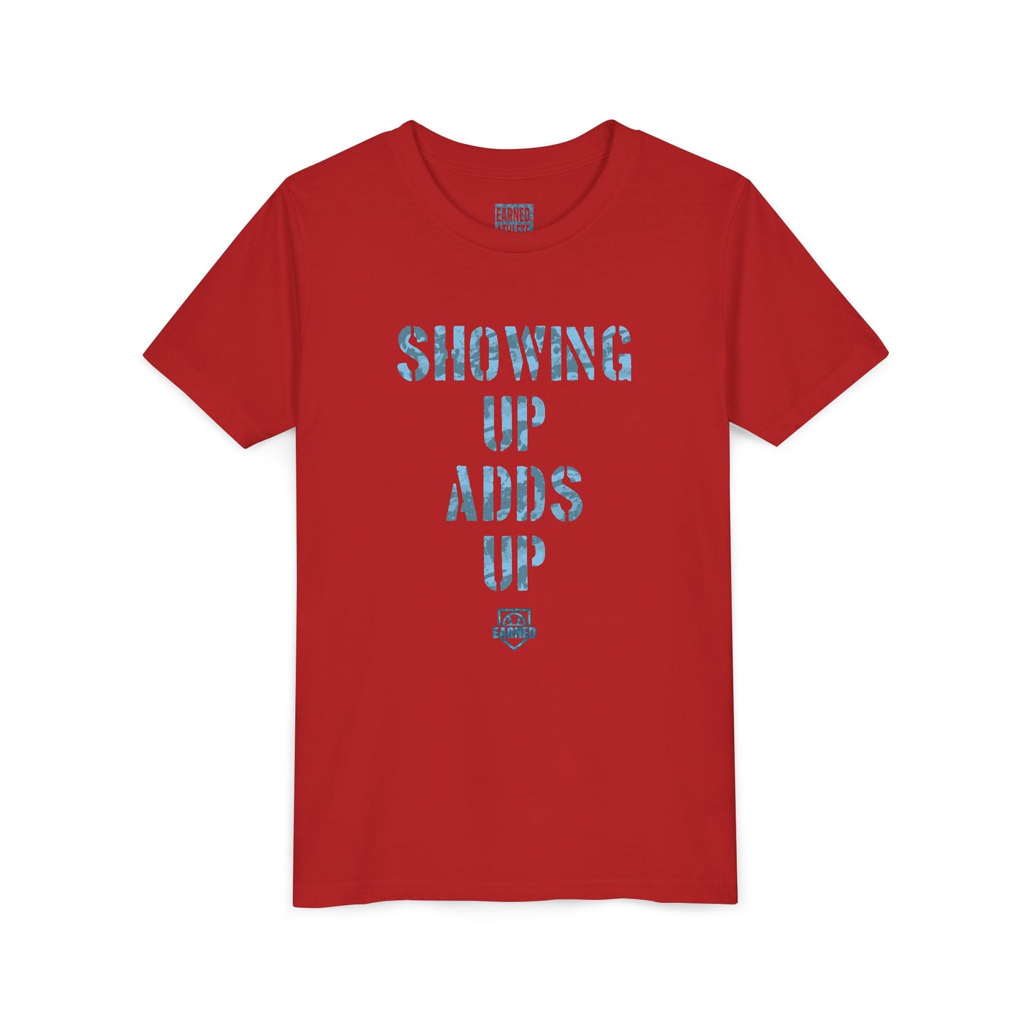 SHOWING UP ADDS UP Youth Tee (Blue Camo Font)