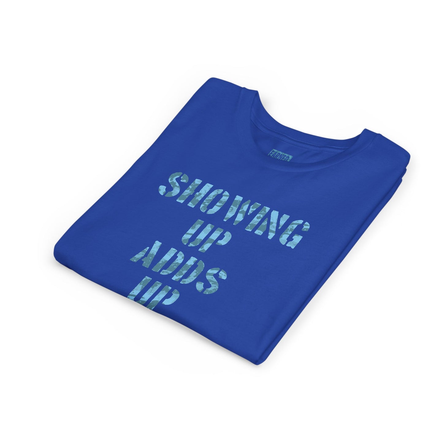 SHOWING UP ADDS UP Youth Tee (Blue Camo Font)