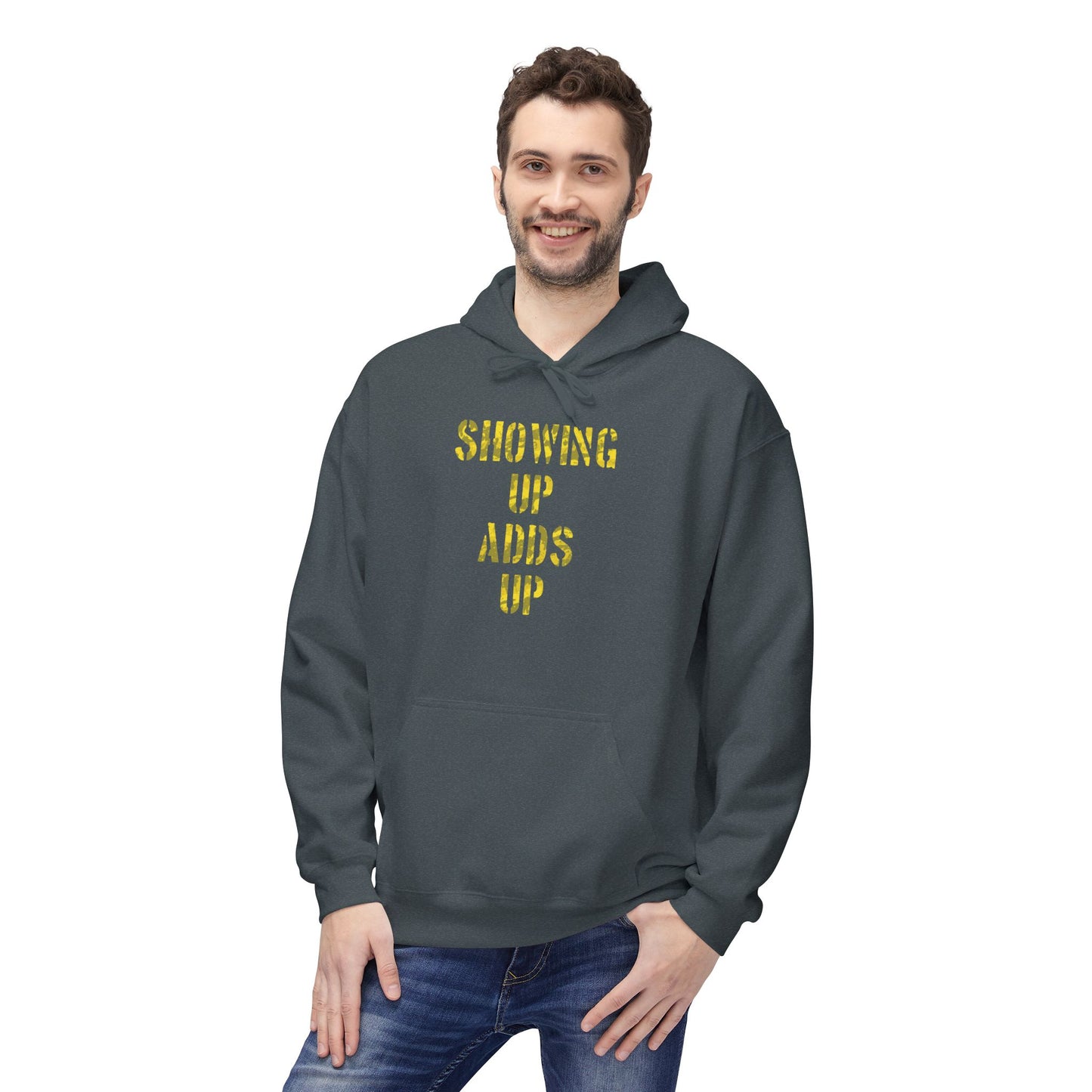 SHOWING UP ADDS UP Adult Hoodie (Yellow Camo Logo)