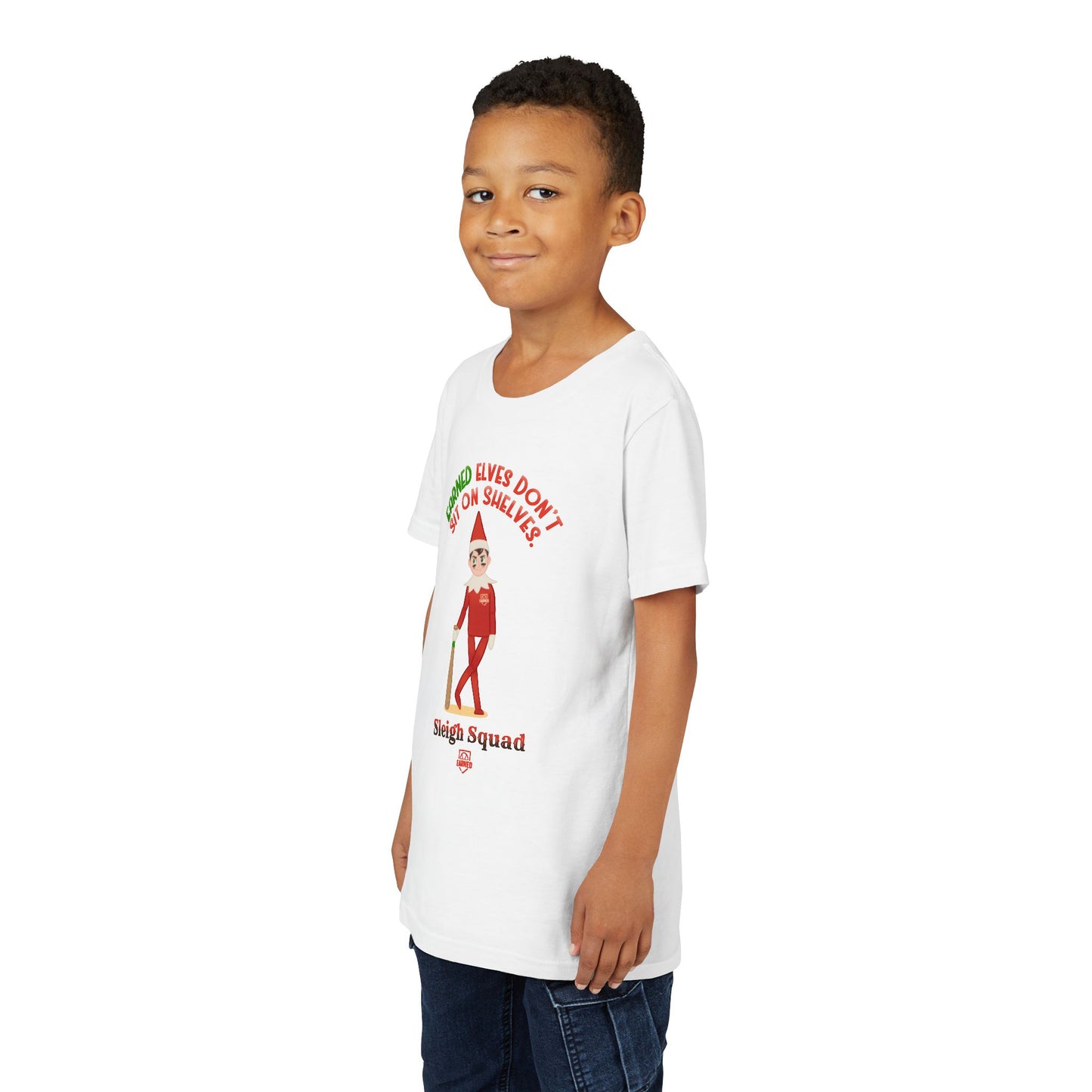 EARNED ELVES DON'T SIT ON SHELVES Youth Tee - SLEIGH SQUAD Collection