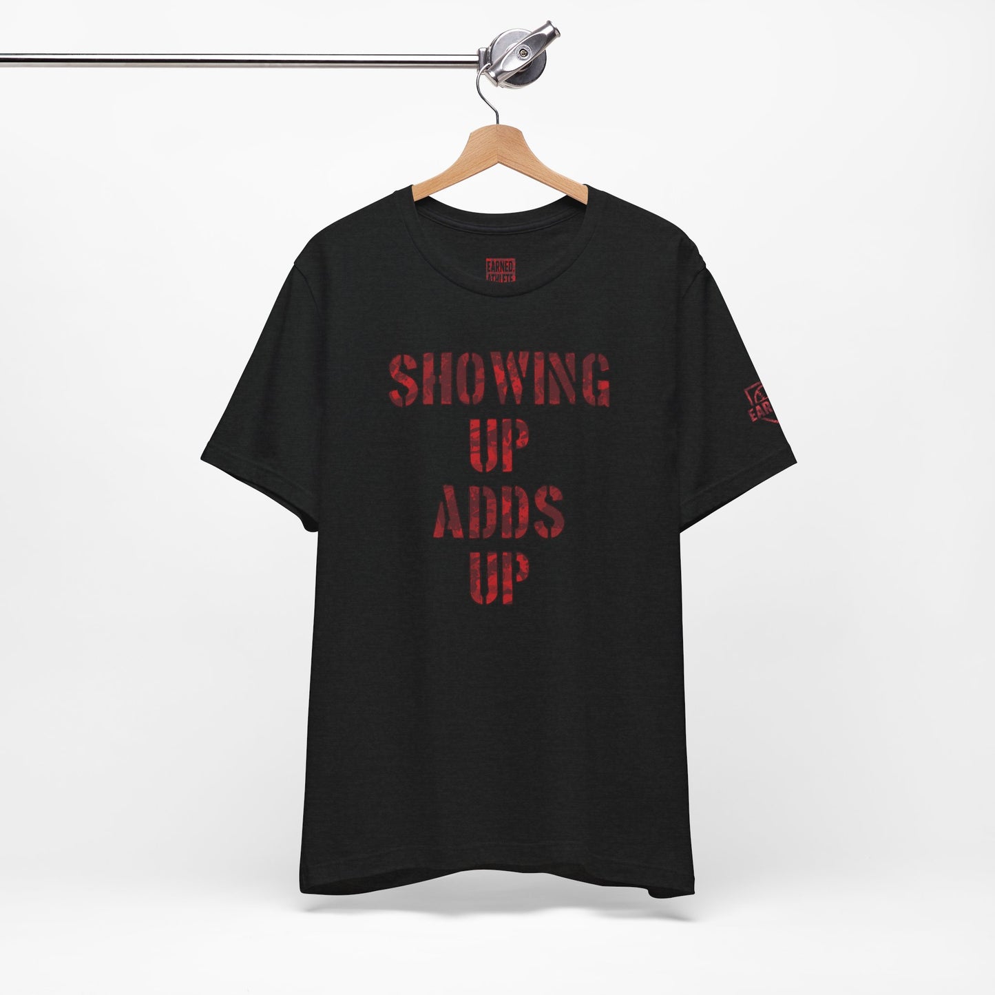 SHOWING UP ADDS UP Tee (Red Camo Font)
